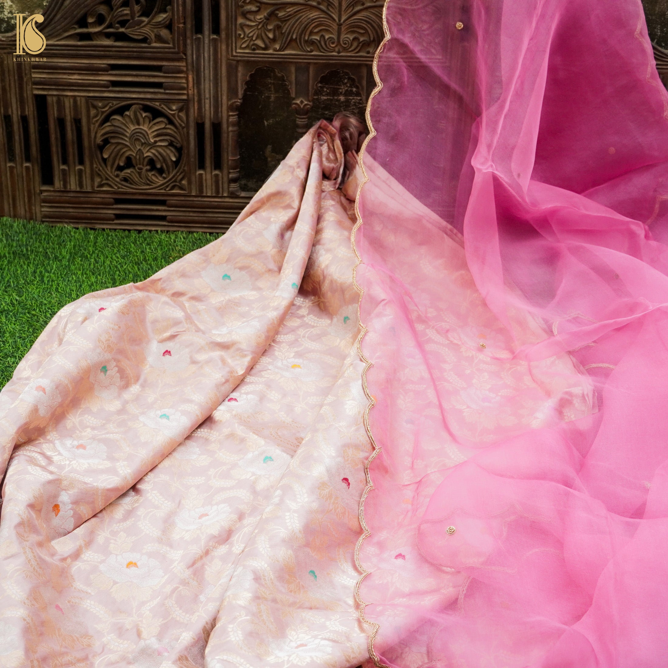 Pink Flare Pure Katan Silk Banarasi Meenakari Jaal Fabric - Khinkhwab