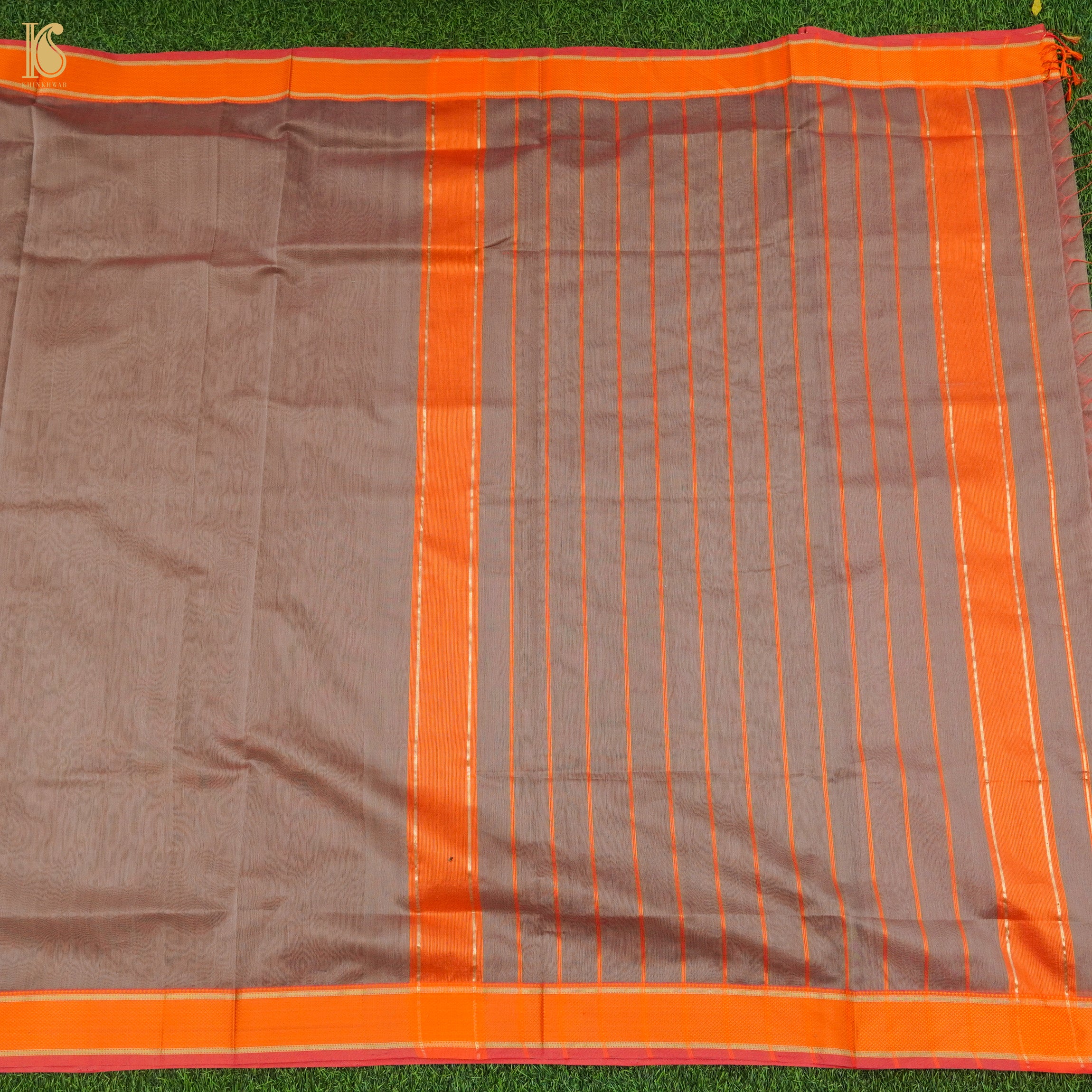Hemp Brown Handwoven Pure Cotton Silk Maheshwari Saree - Khinkhwab