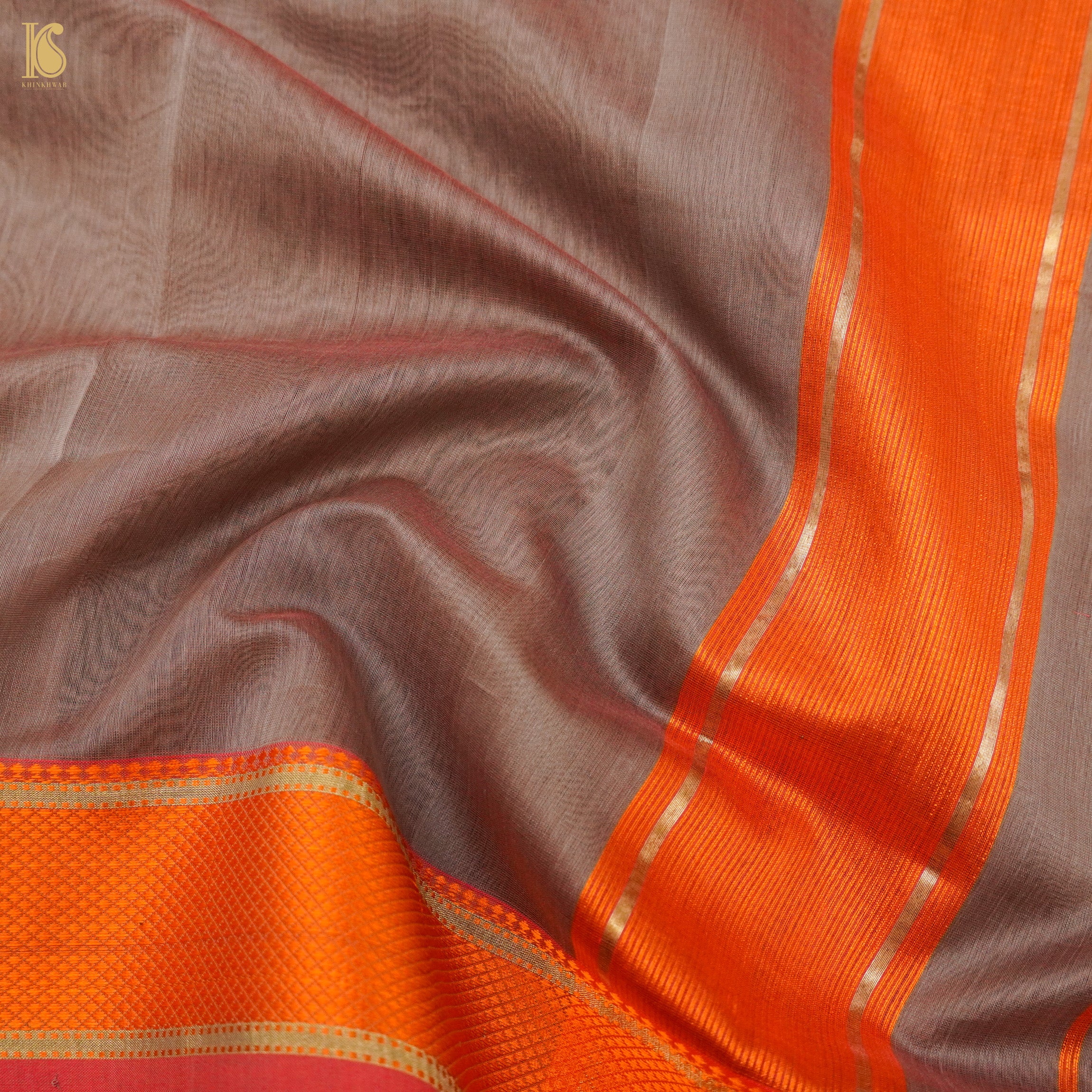 Hemp Brown Handwoven Pure Cotton Silk Maheshwari Saree - Khinkhwab