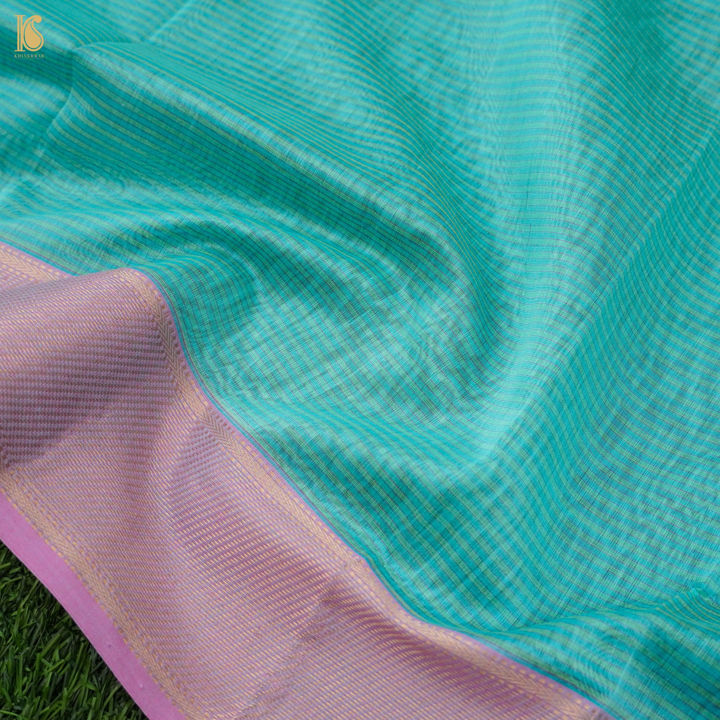 Bermuda Blue Handwoven Pure Cotton Silk Maheshwari Saree - Khinkhwab
