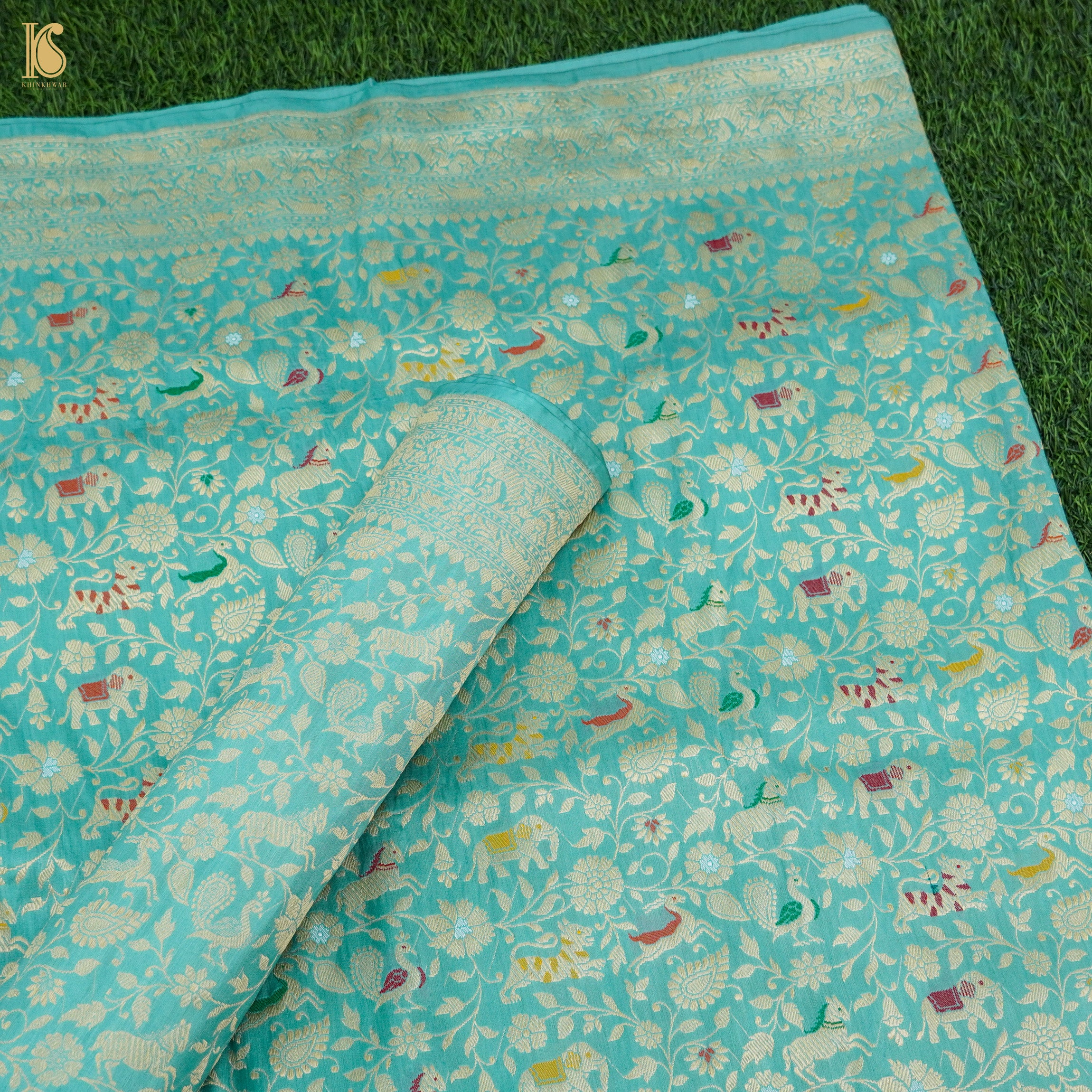 Downy Green Handloom Pure Katan Silk Pink Banarasi Bird Suit & Dupatta Set - Khinkhwab