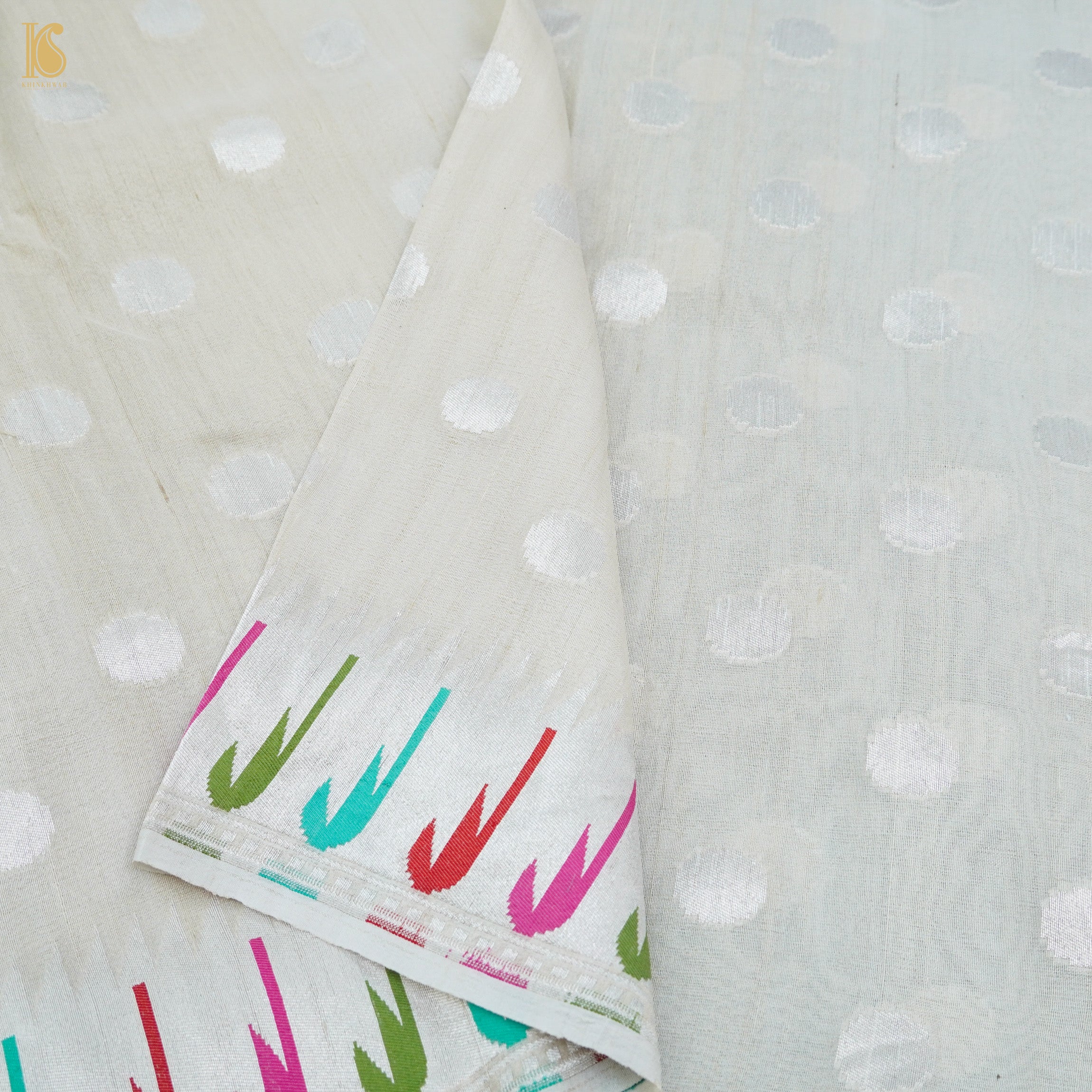 Preorder: Handloom Pure Tussar Silk Silver Zari Banarasi Muniya Border Dupatta - Khinkhwab