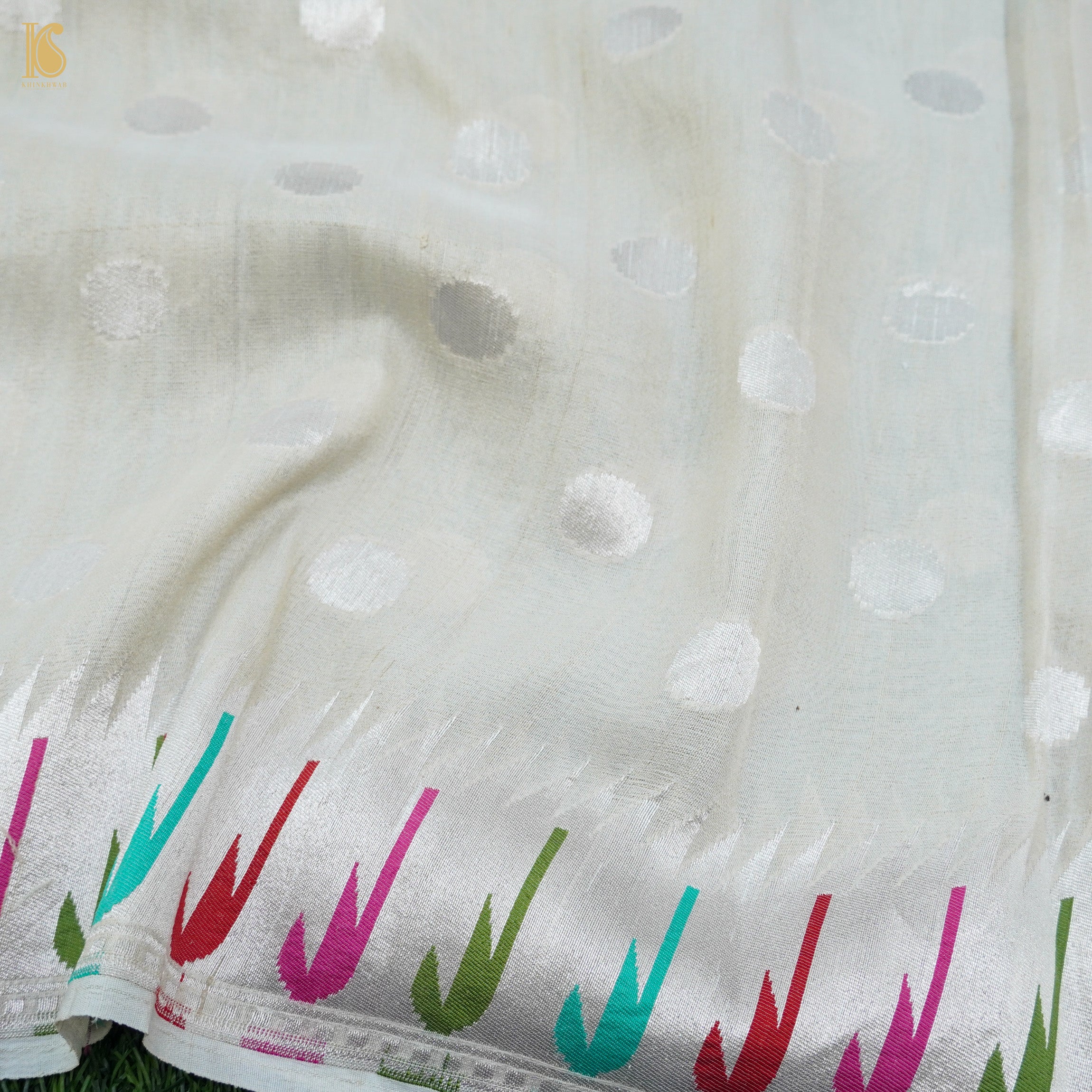 Preorder: Handloom Pure Tussar Silk Silver Zari Banarasi Muniya Border Dupatta - Khinkhwab