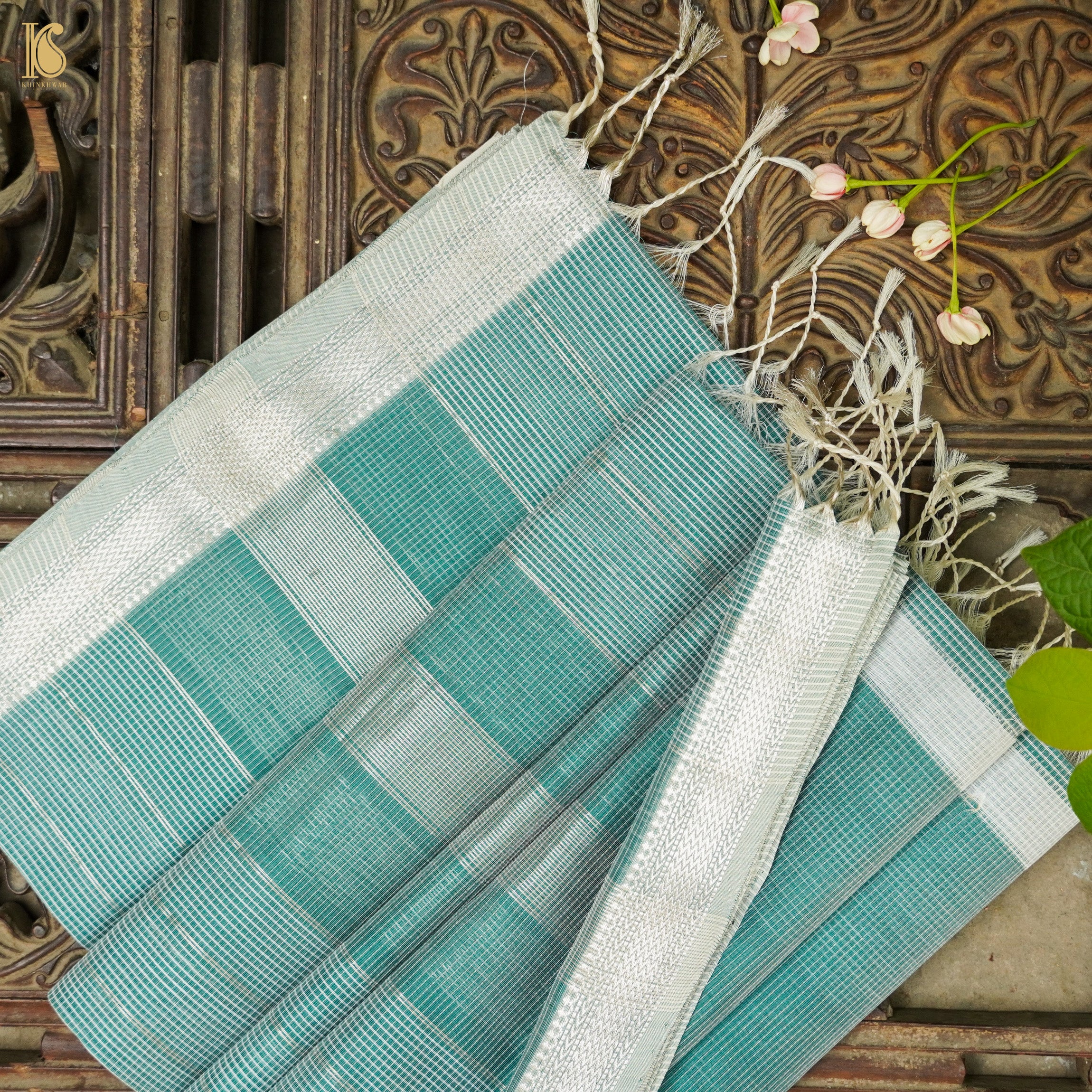 Teal Handwoven Pure Cotton Silk Maheshwari Saree - Khinkhwab