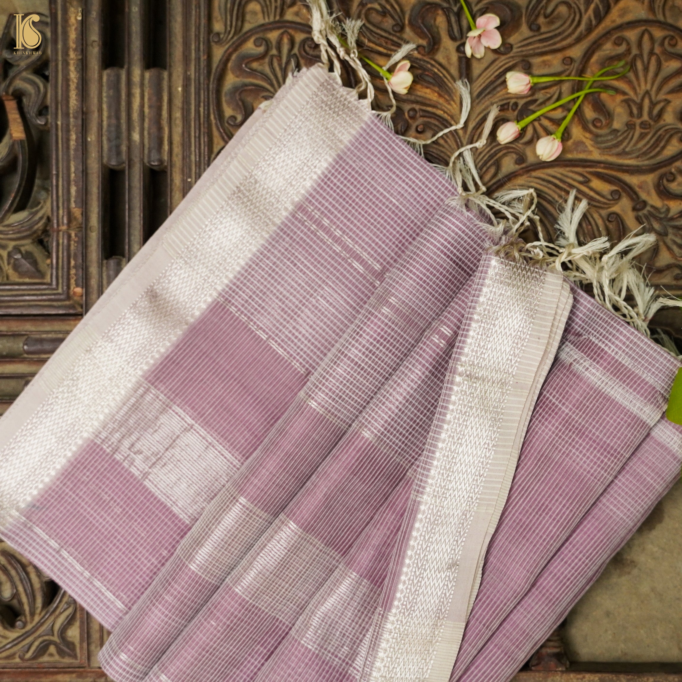 Grey Maheshwari Silk Cotton Saree with Silver Zari Border