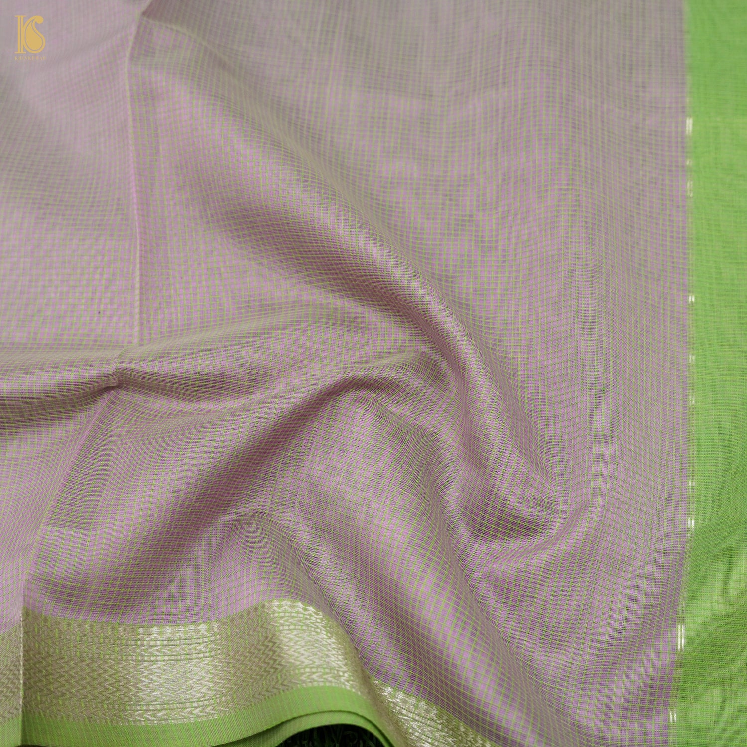 Beige & Green Handwoven Pure Cotton Silk Maheshwari Saree - Khinkhwab