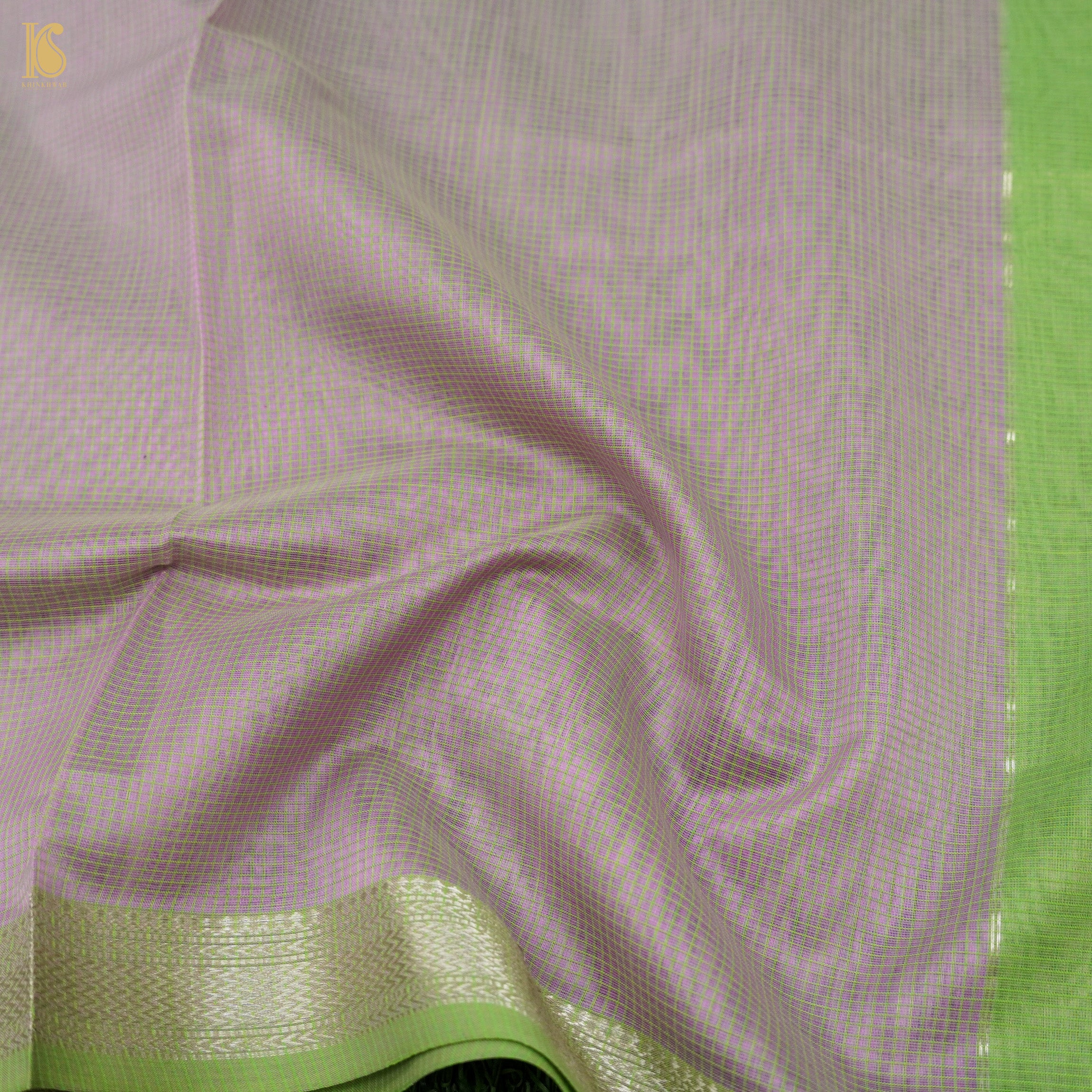 Beige & Green Handwoven Pure Cotton Silk Maheshwari Saree - Khinkhwab