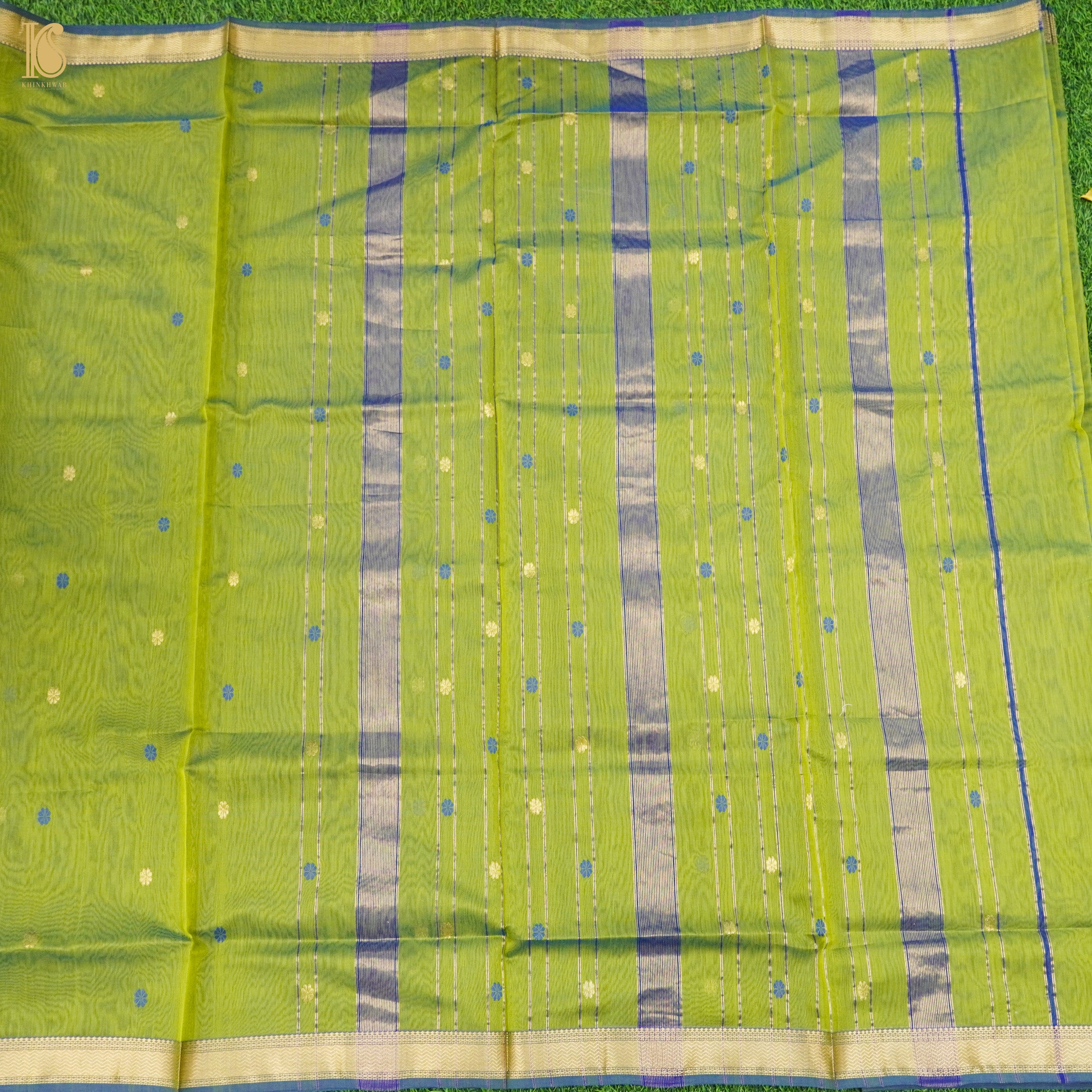 Green & Blue Handwoven Pure Cotton Silk Maheshwari Saree - Khinkhwab