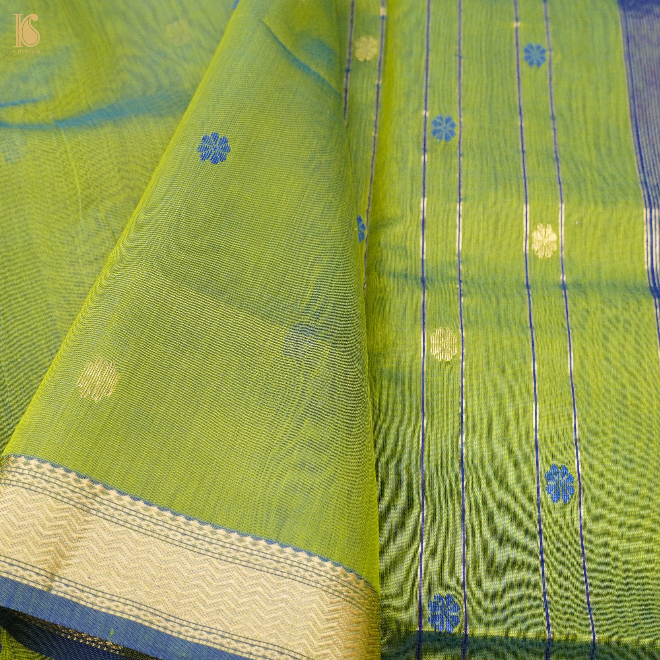Green & Blue Handwoven Pure Cotton Silk Maheshwari Saree - Khinkhwab