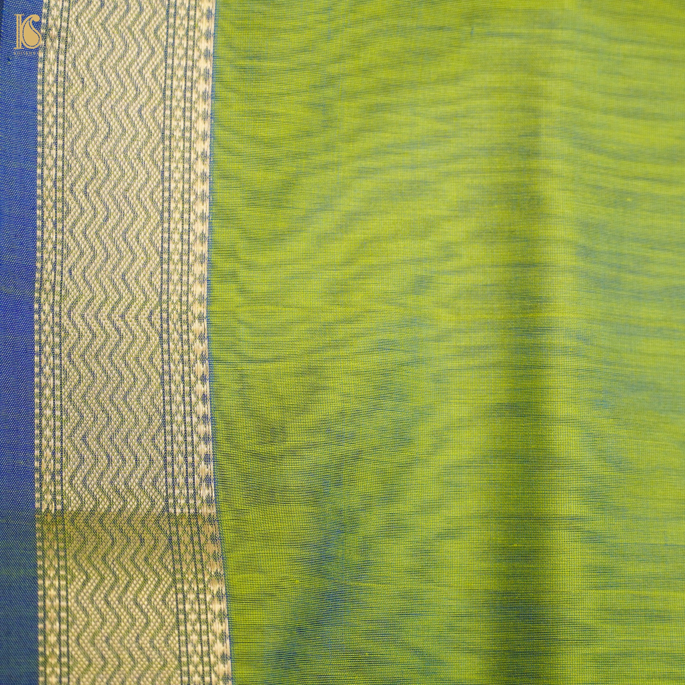 Green & Blue Handwoven Pure Cotton Silk Maheshwari Saree - Khinkhwab