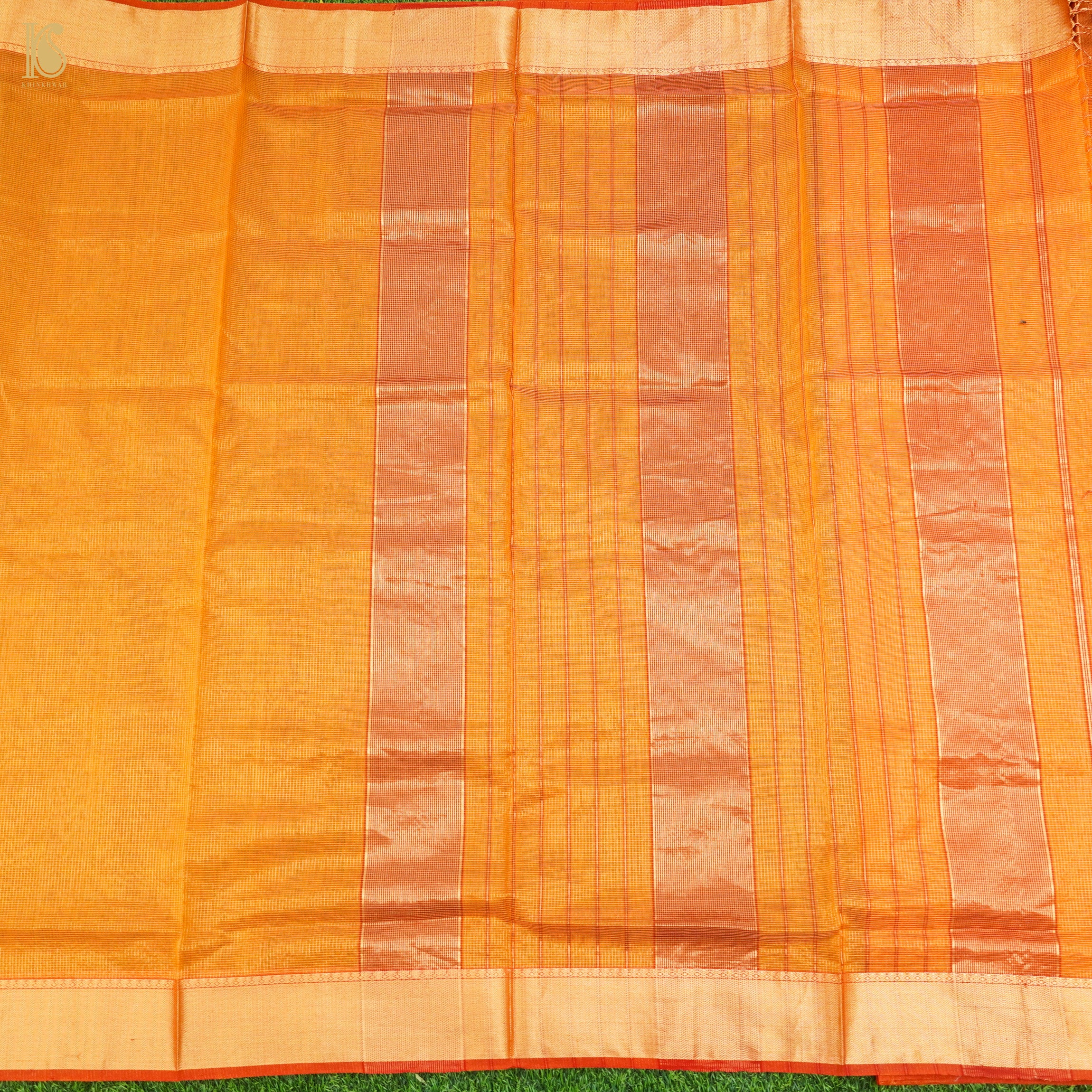 Orange Handwoven Pure Cotton Silk Maheshwari Saree - Khinkhwab