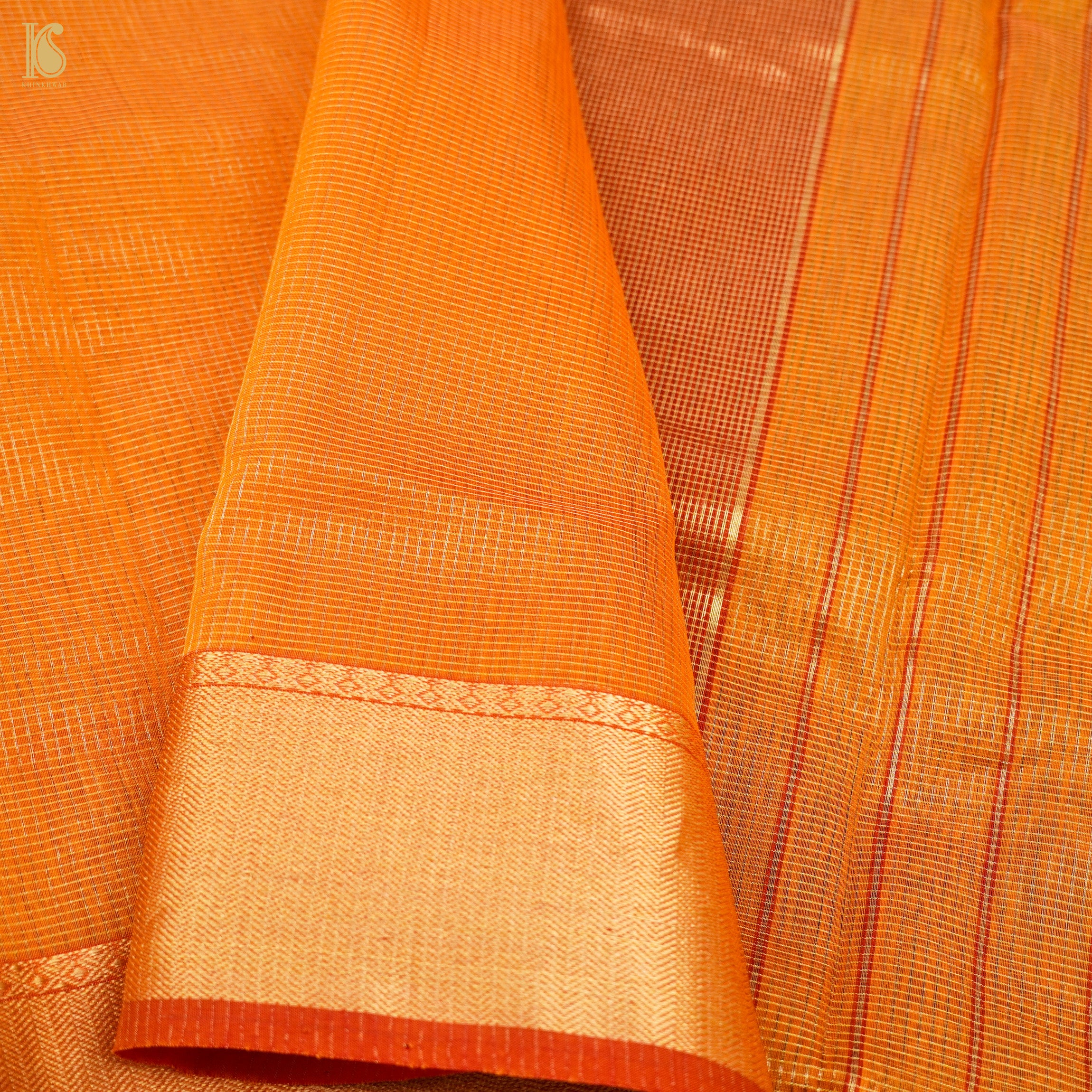 Orange Handwoven Pure Cotton Silk Maheshwari Saree - Khinkhwab