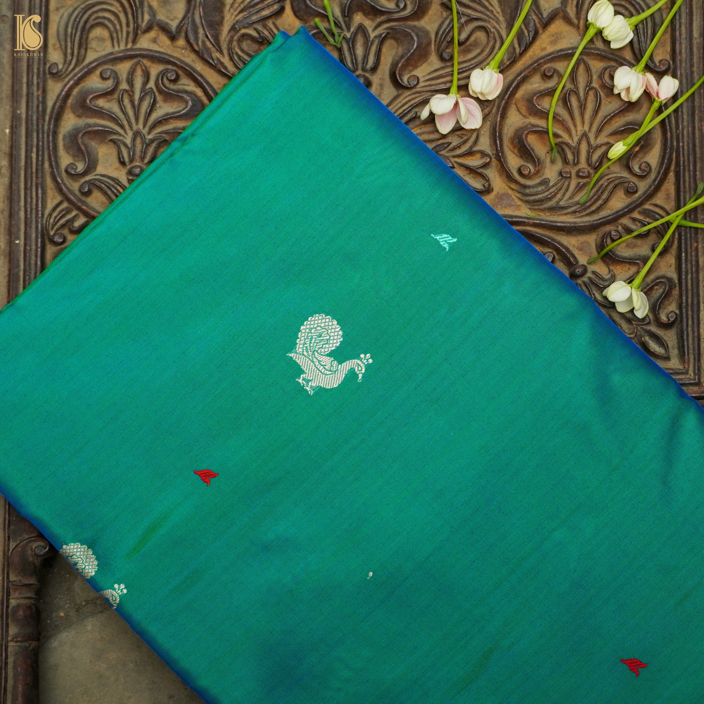 Persian Green Handwoven Pure Katan Silk Banarasi Peacock Kadwa Fabric - Khinkhwab
