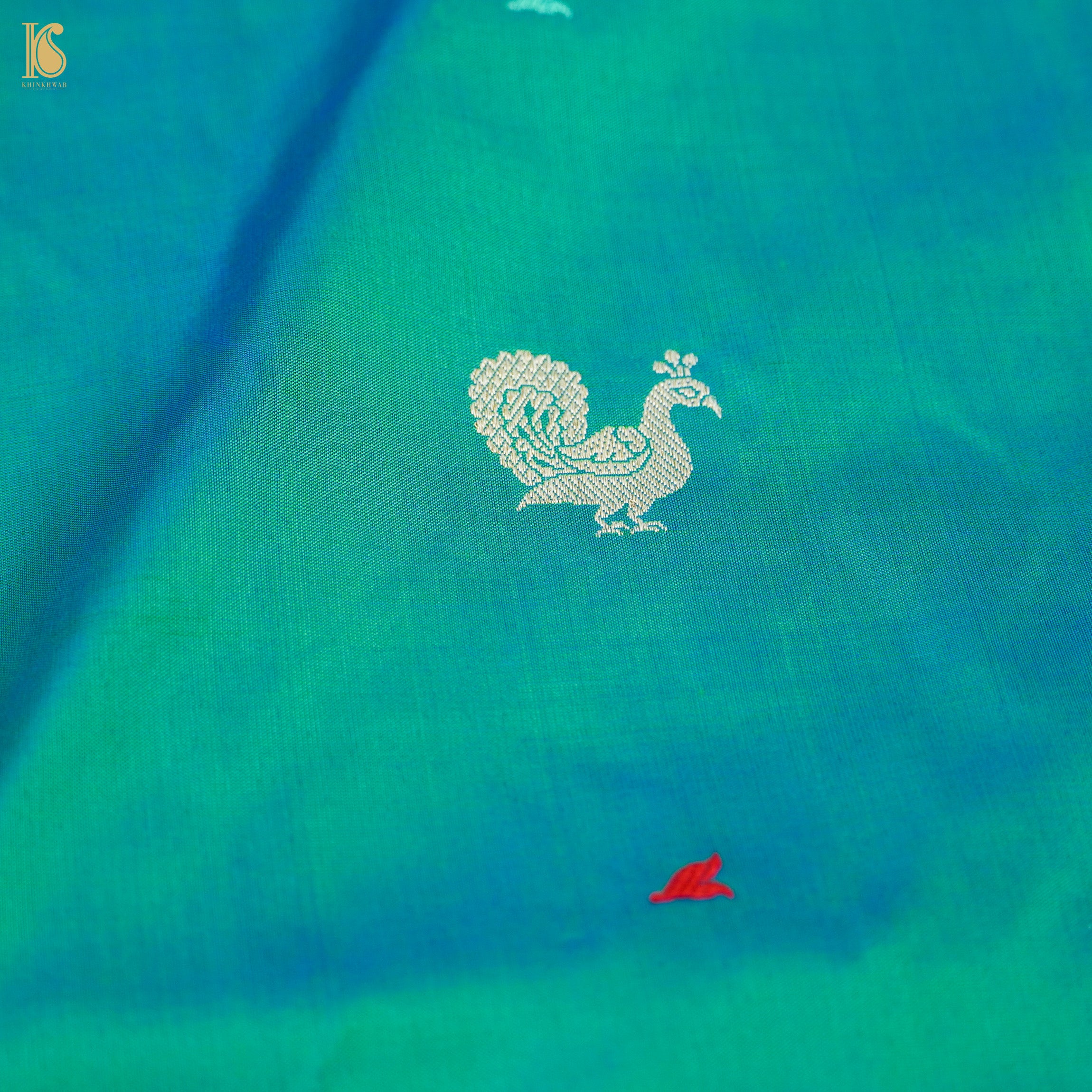 Persian Green Handwoven Pure Katan Silk Banarasi Peacock Kadwa Fabric - Khinkhwab
