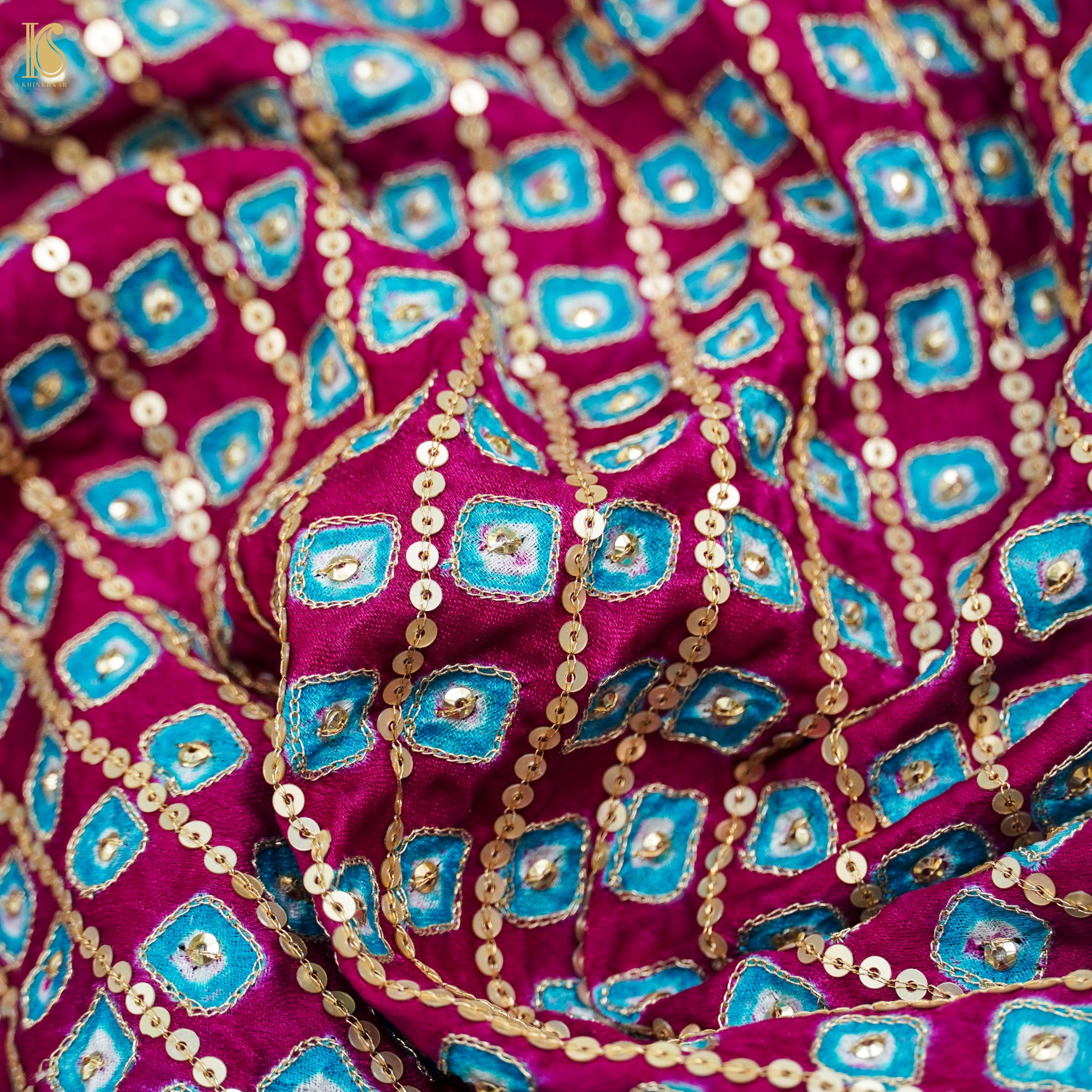 Violet Red Pure Gajji Handloom Bandhani Fabric with Sequence Work - Khinkhwab