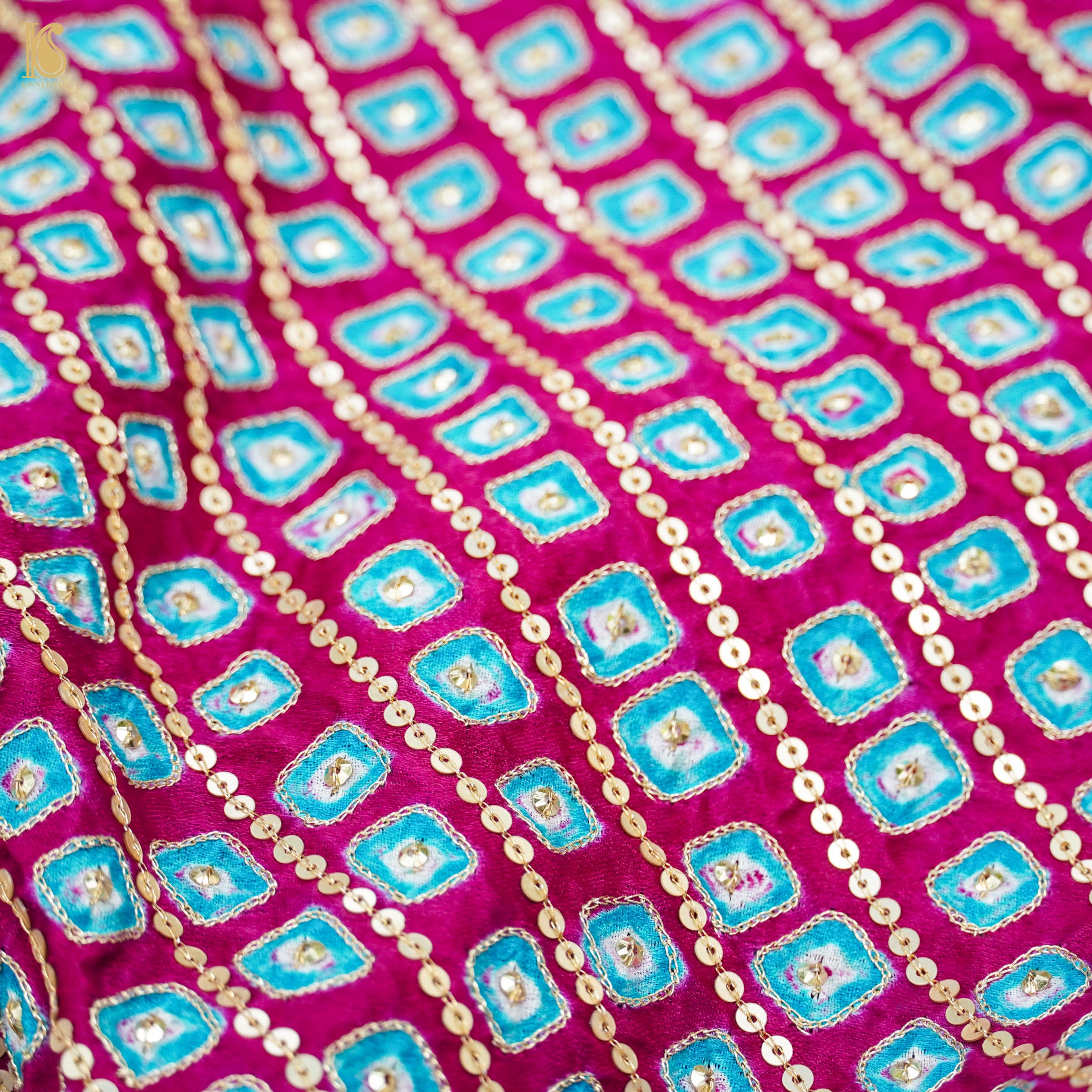Violet Red Pure Gajji Handloom Bandhani Fabric with Sequence Work - Khinkhwab