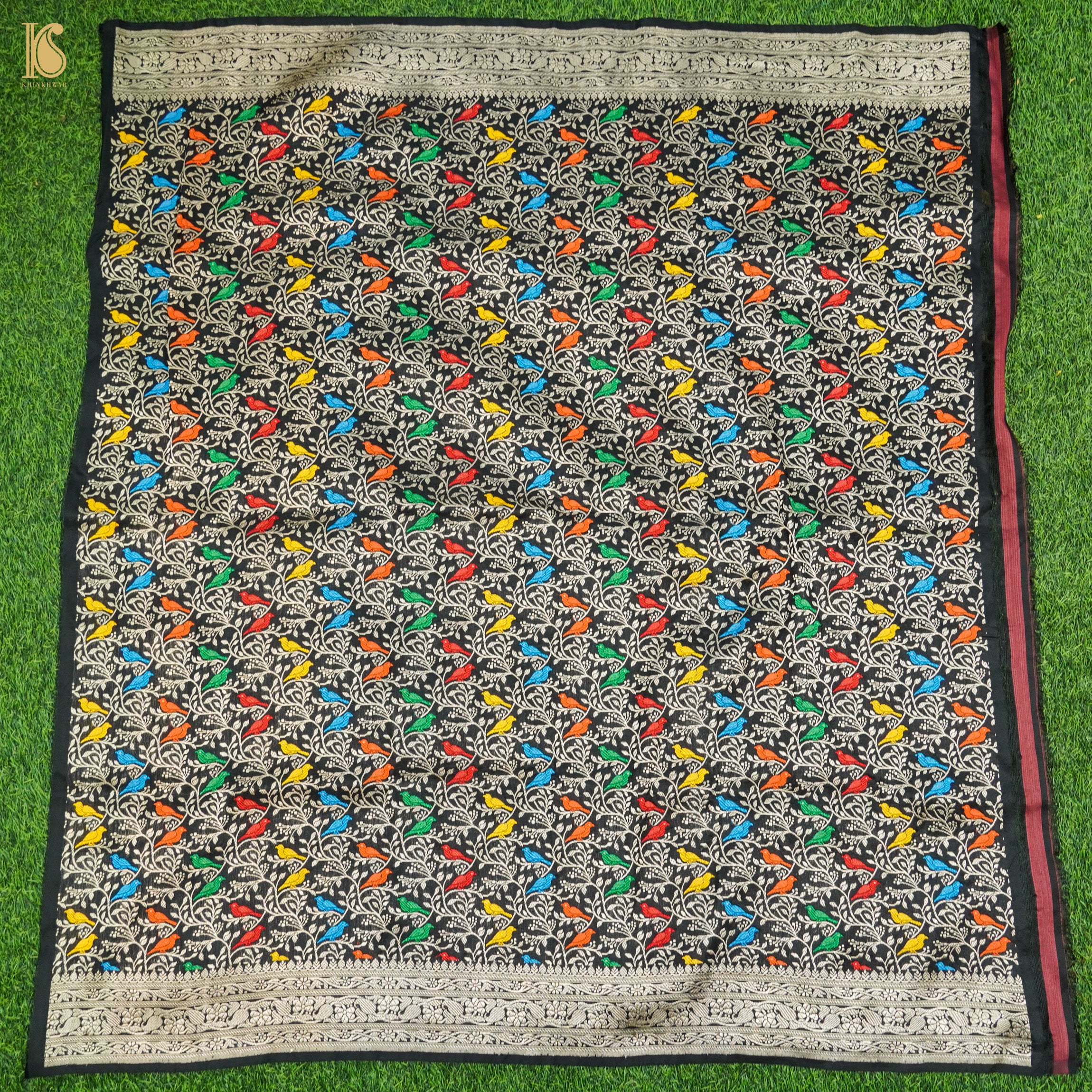 Handwoven Black Pure Katan Silk Banarasi Birds Fabric - Khinkhwab