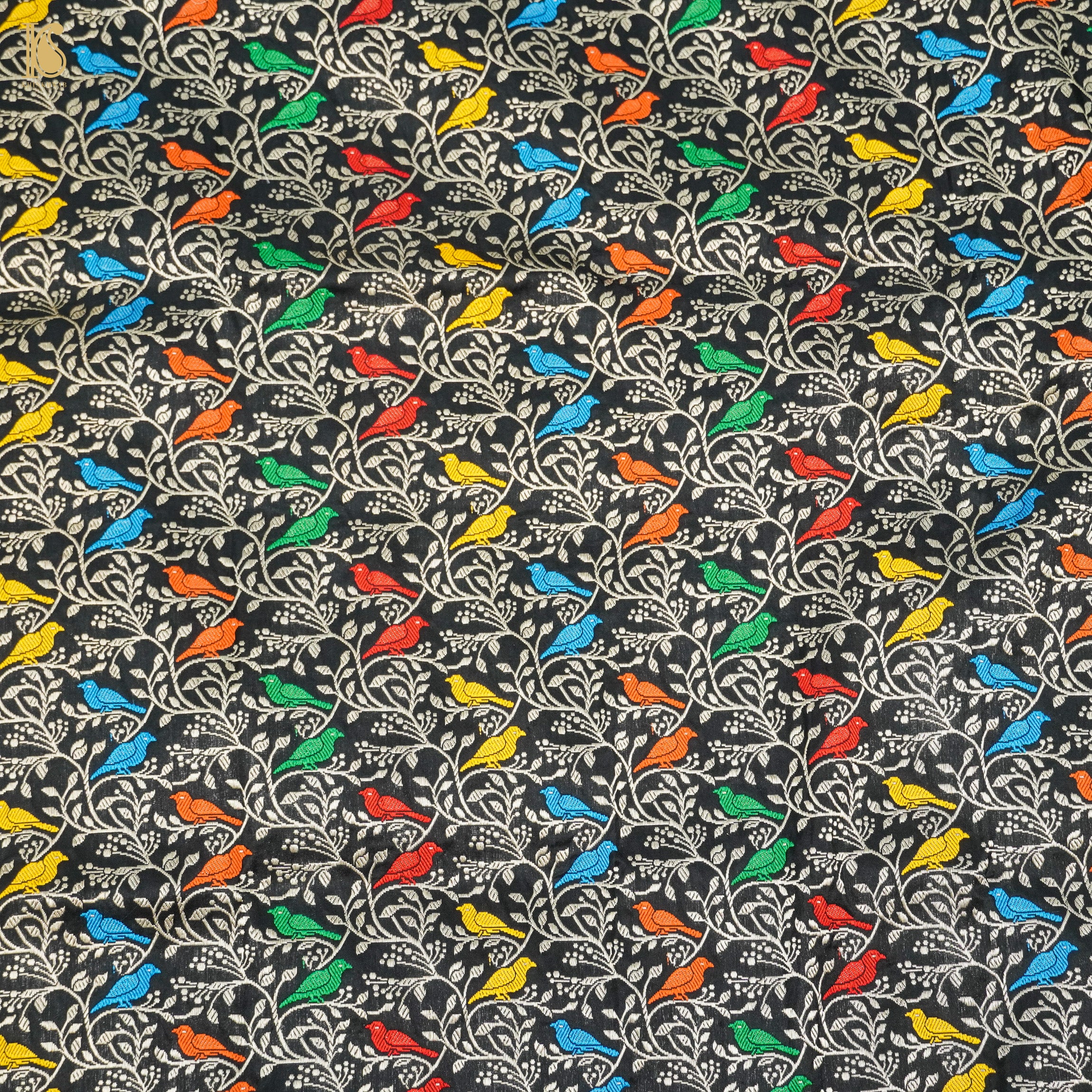 Handwoven Black Pure Katan Silk Banarasi Birds Fabric - Khinkhwab