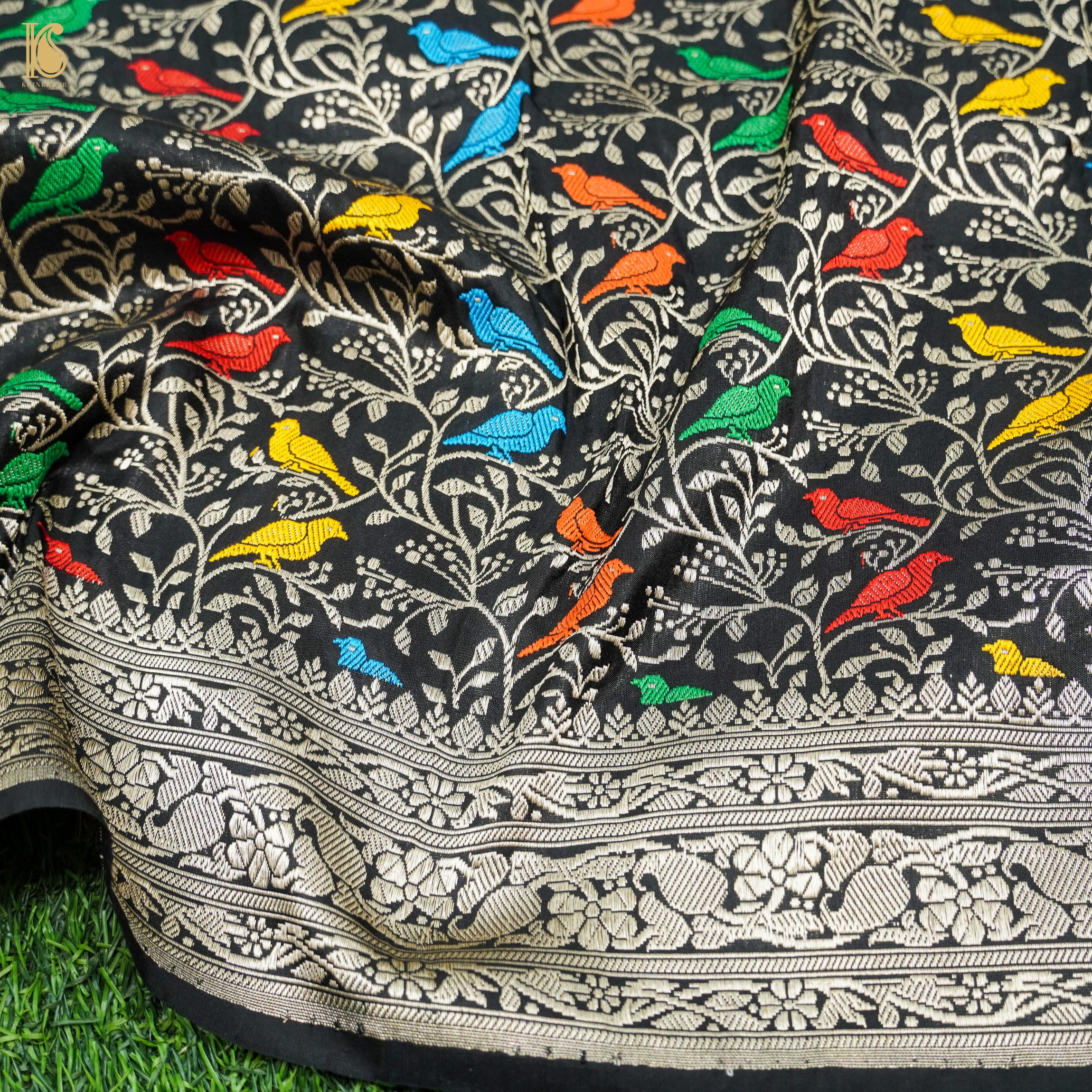 Handwoven Black Pure Katan Silk Banarasi Birds Fabric - Khinkhwab