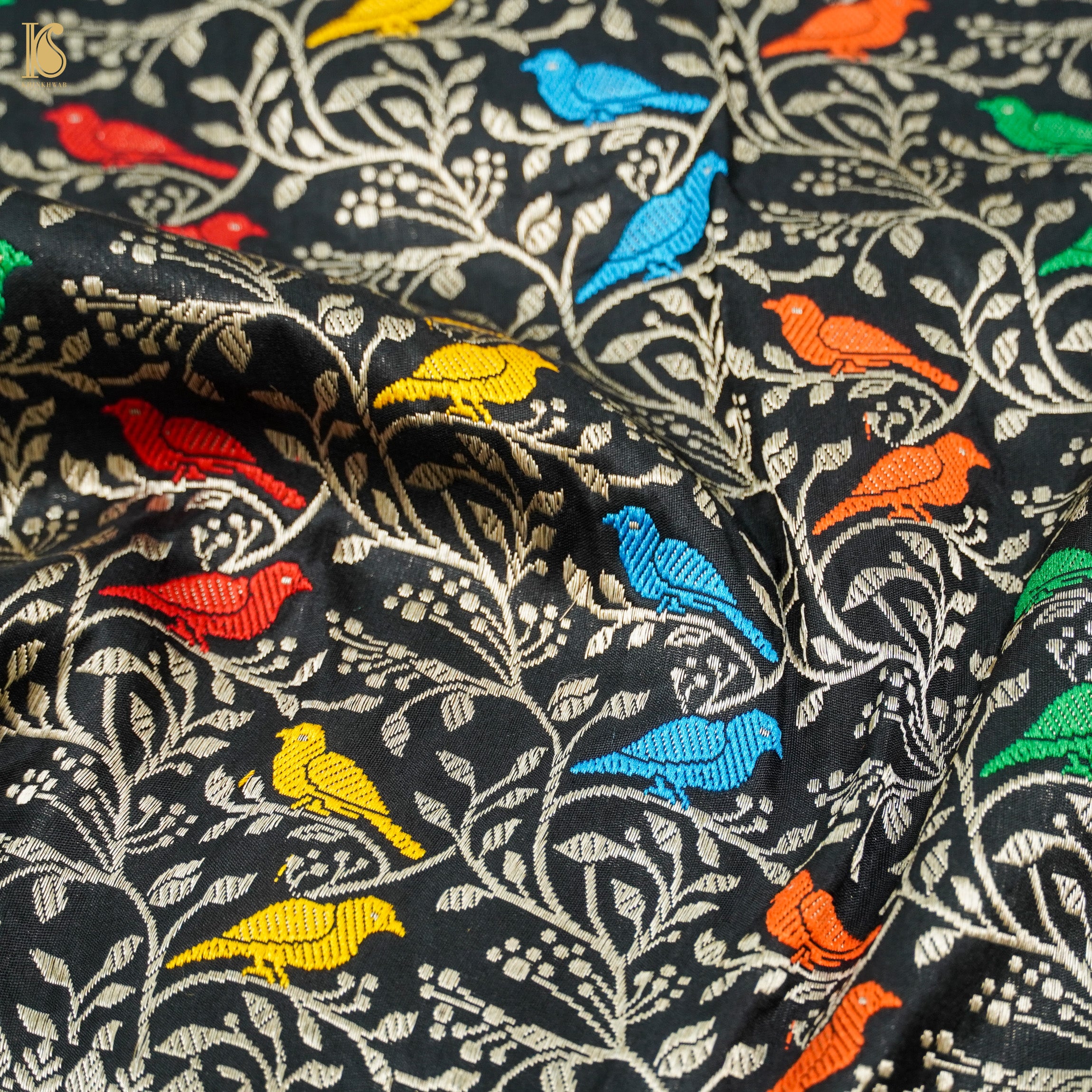 Handwoven Black Pure Katan Silk Banarasi Birds Fabric - Khinkhwab