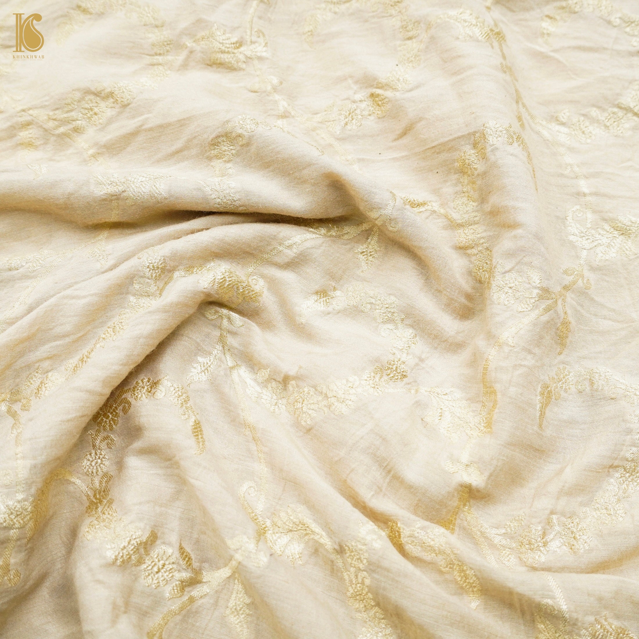Beige & Gold Pure Moonga Silk Handloom Banarasi Fabric - Khinkhwab
