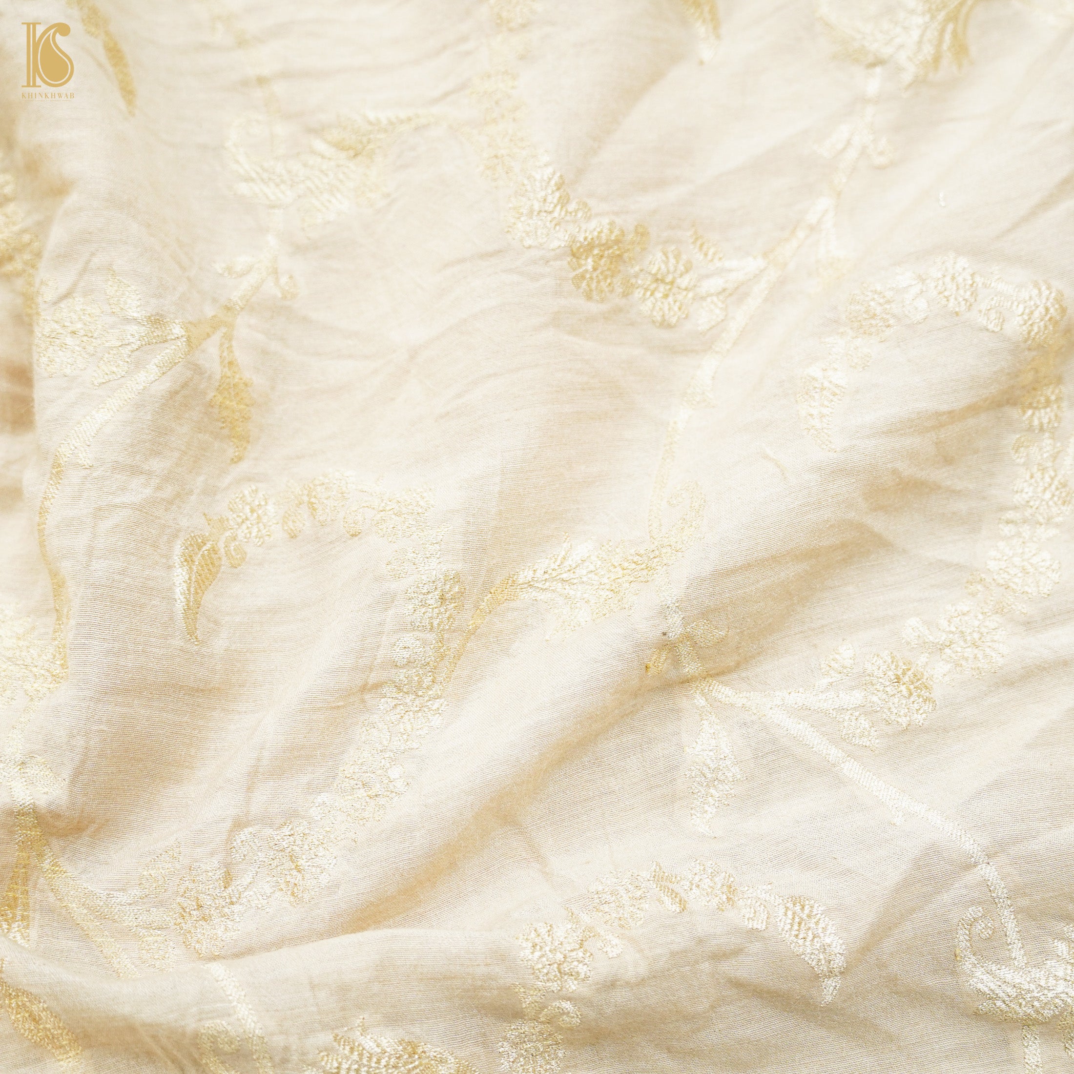 Beige & Gold Pure Moonga Silk Handloom Banarasi Fabric - Khinkhwab