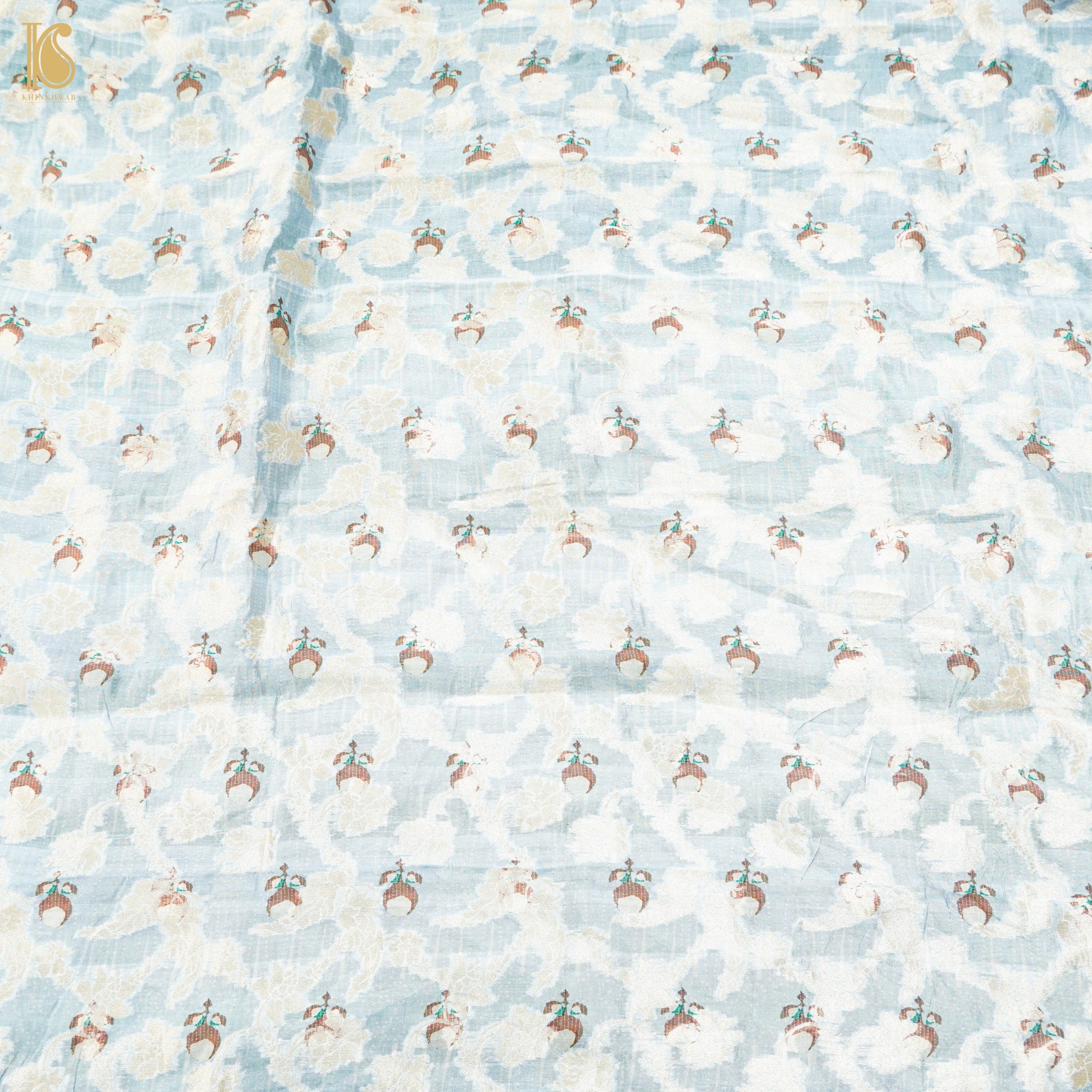 Light Blue Pure Katan Silk Print Banarasi Blouse Fabric - Khinkhwab