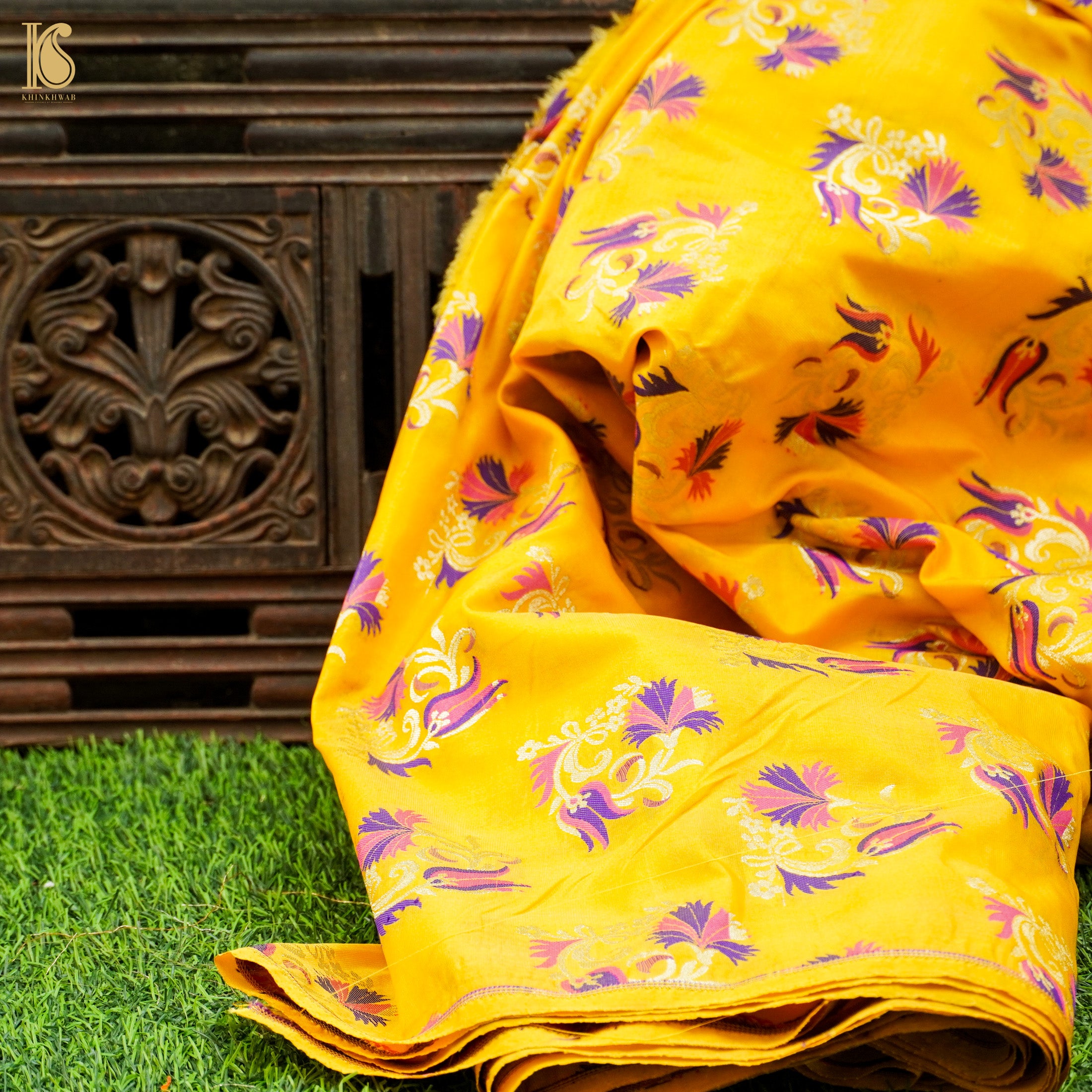 Tangerine Yellow Pure Katan Silk Banarasi Fabric - Khinkhwab