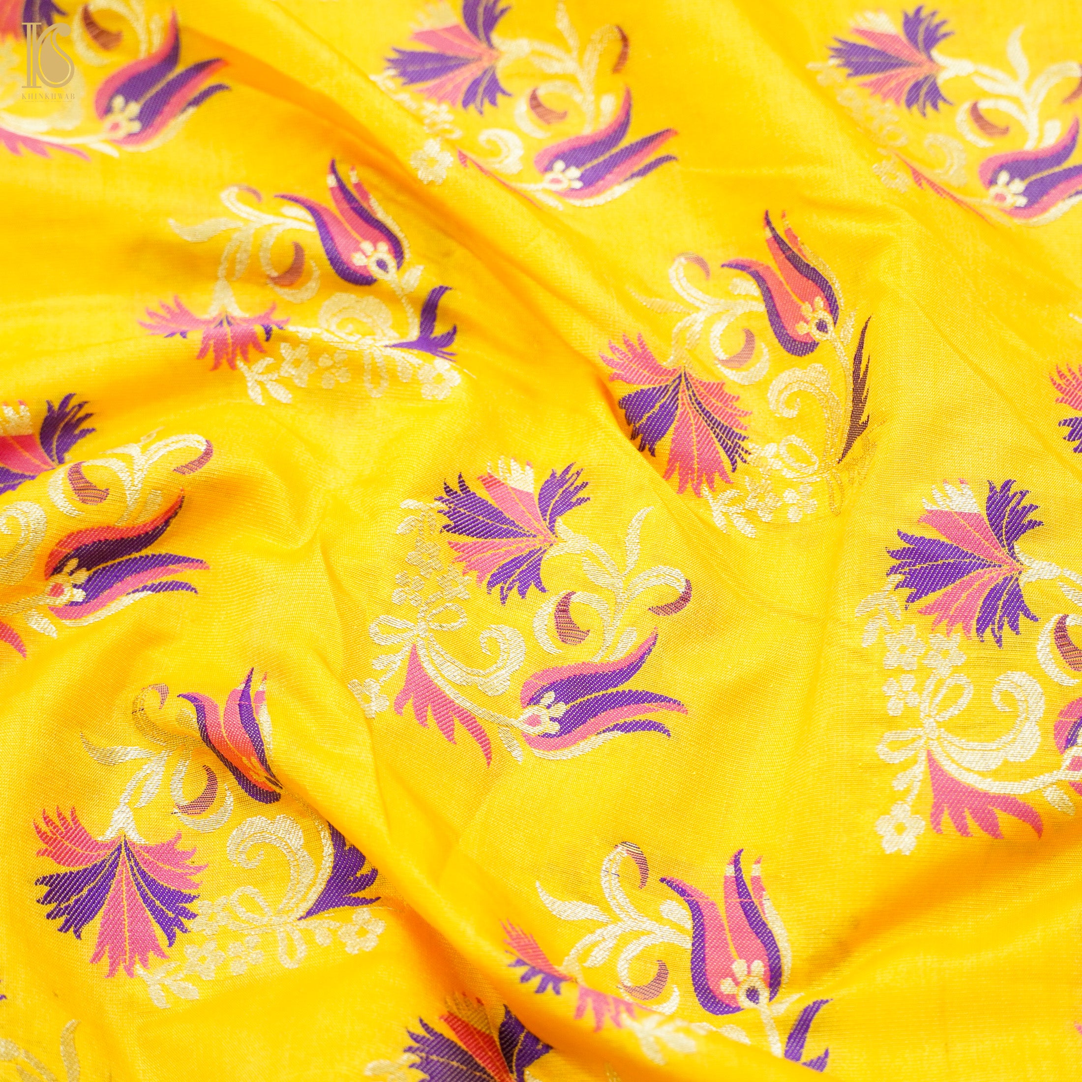 Tangerine Yellow Pure Katan Silk Banarasi Fabric - Khinkhwab