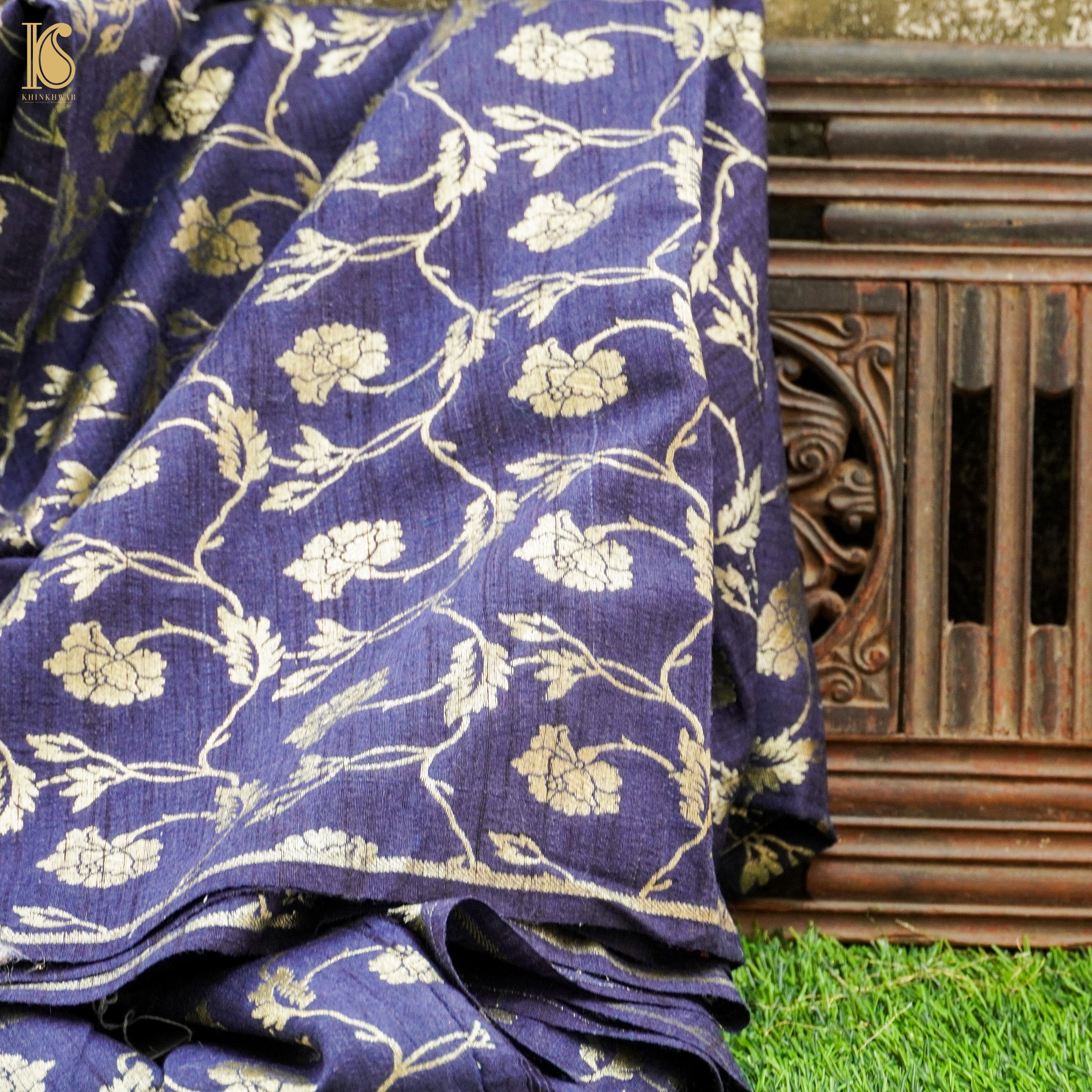 Midnight Blue Pure Raw Silk Banarasi Fabric - Khinkhwab