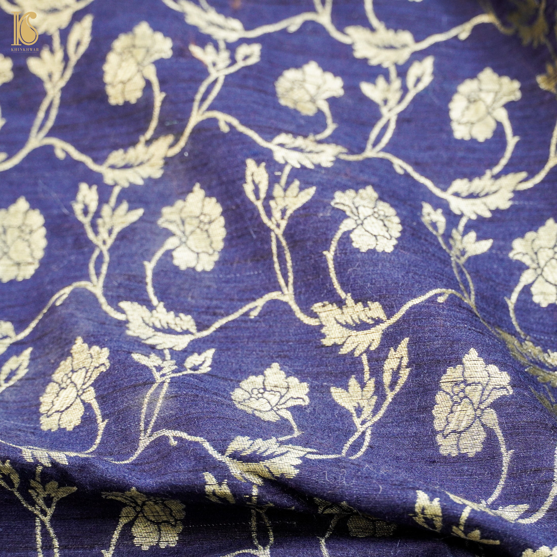 Midnight Blue Pure Raw Silk Banarasi Fabric - Khinkhwab