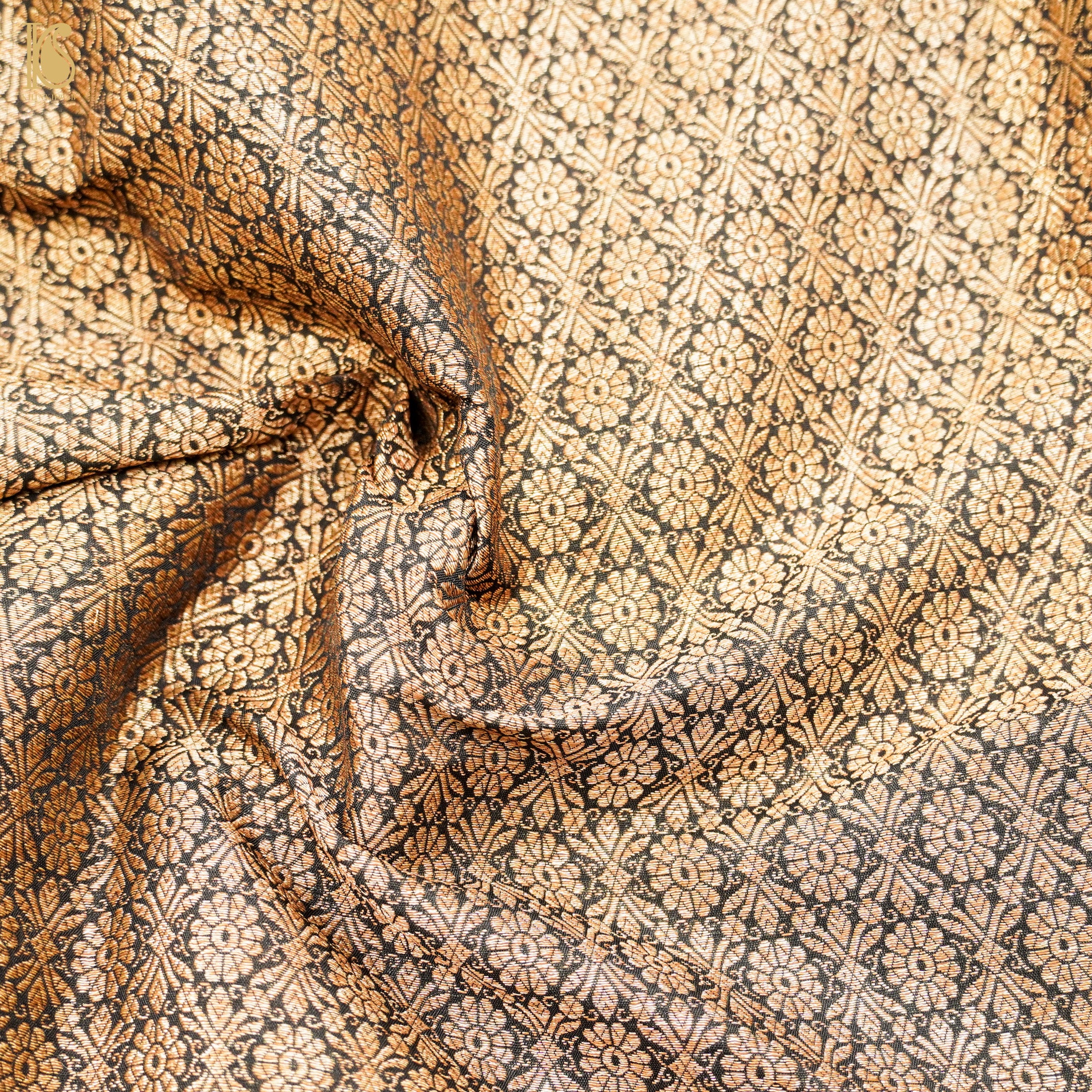 Black & Gold Pure Katan Silk Banarasi Brocade Fabric - Khinkhwab