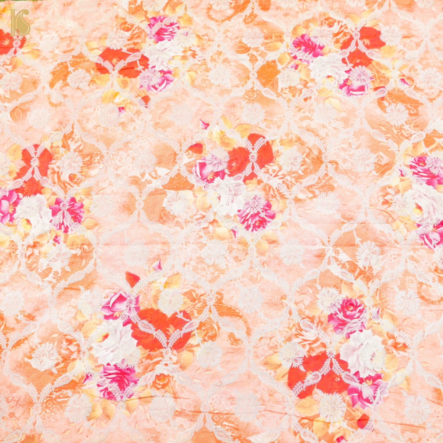 Peach Pure Cotton Silk Banarasi Print Fabric - Khinkhwab