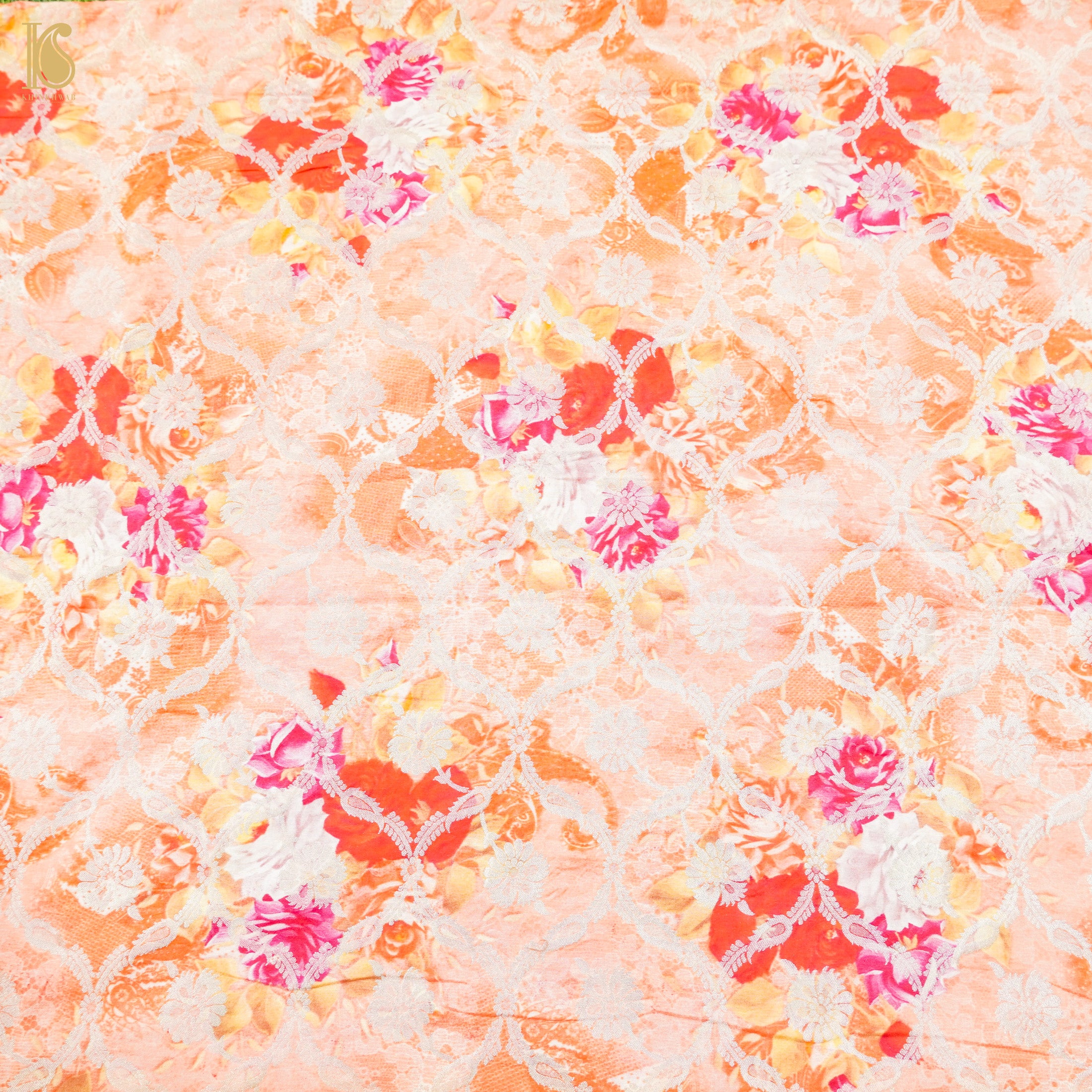 Peach Pure Cotton Silk Banarasi Print Fabric - Khinkhwab