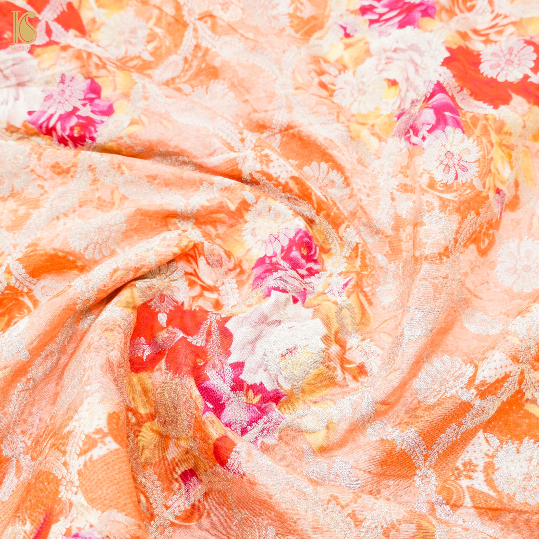 Peach Pure Cotton Silk Banarasi Print Fabric - Khinkhwab