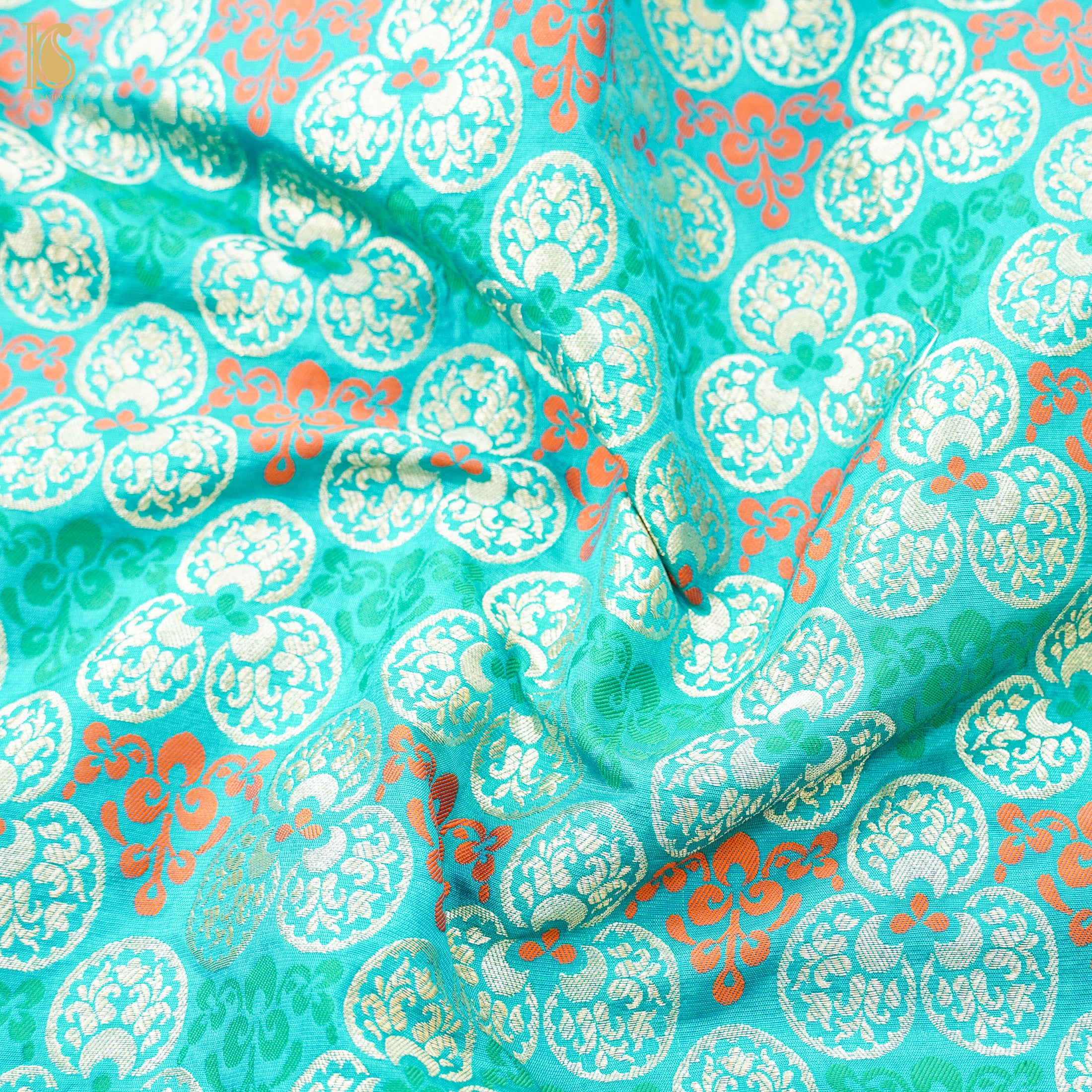 Turquoise Blue Pure Katan Silk Banarasi Blouse Fabric - Khinkhwab