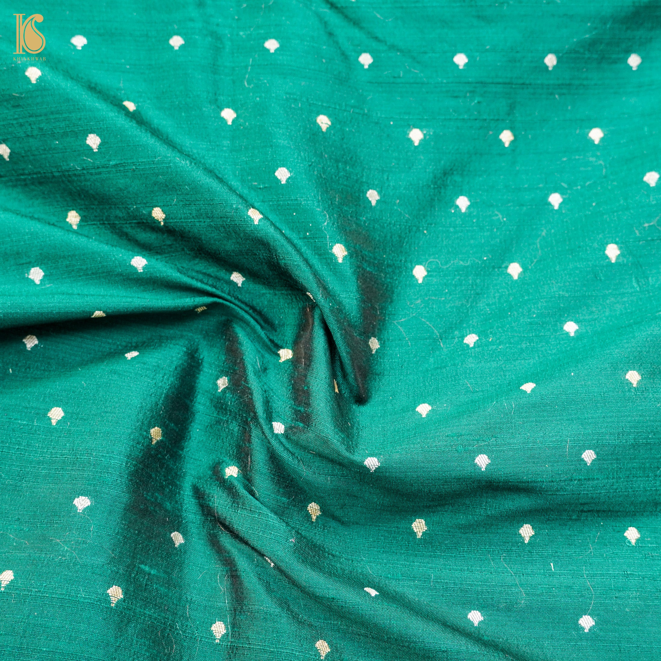 Green Pure Raw Silk Banarasi Fabric - Khinkhwab