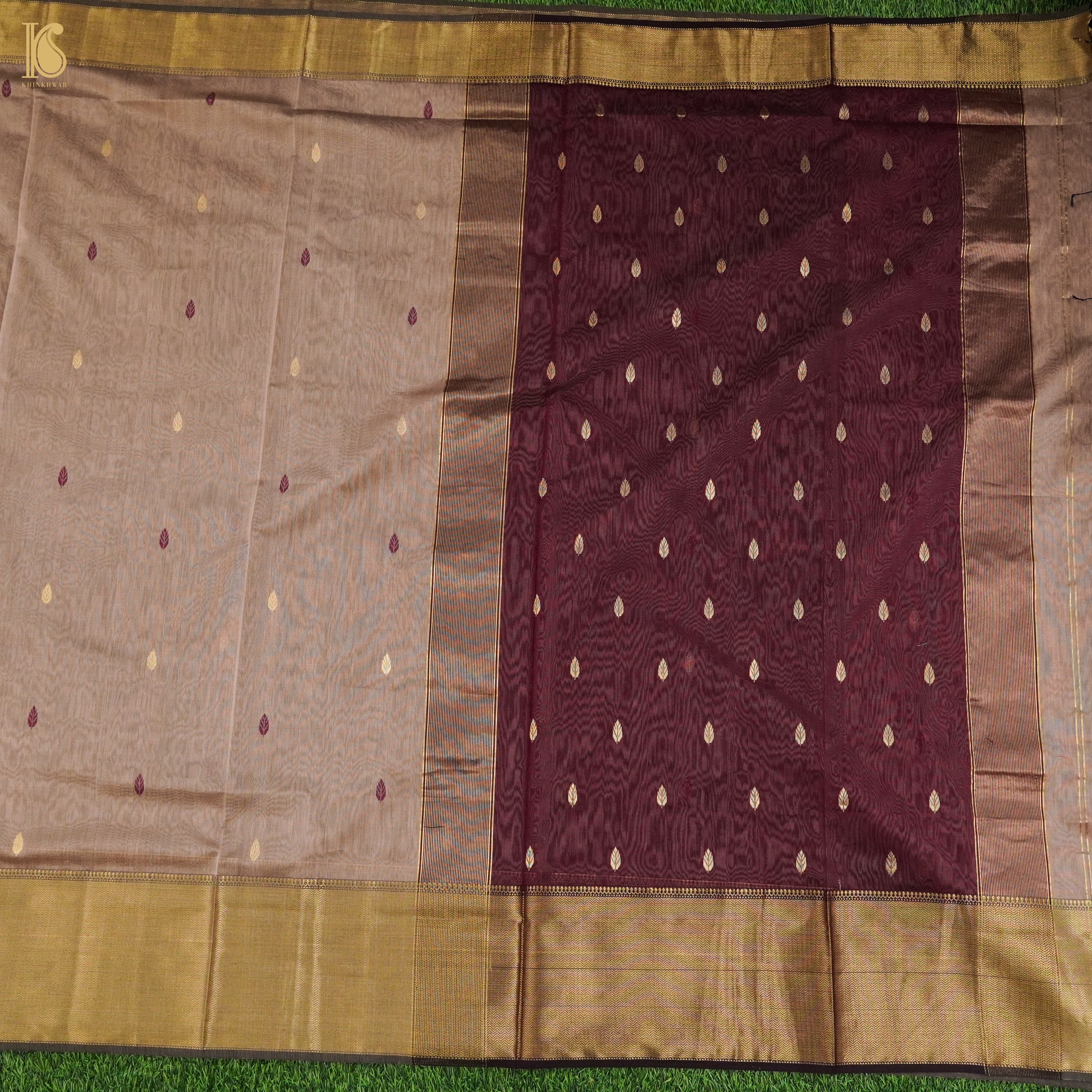 Sandrift Brown Handwoven Pure Cotton Silk Maheshwari Saree - Khinkhwab