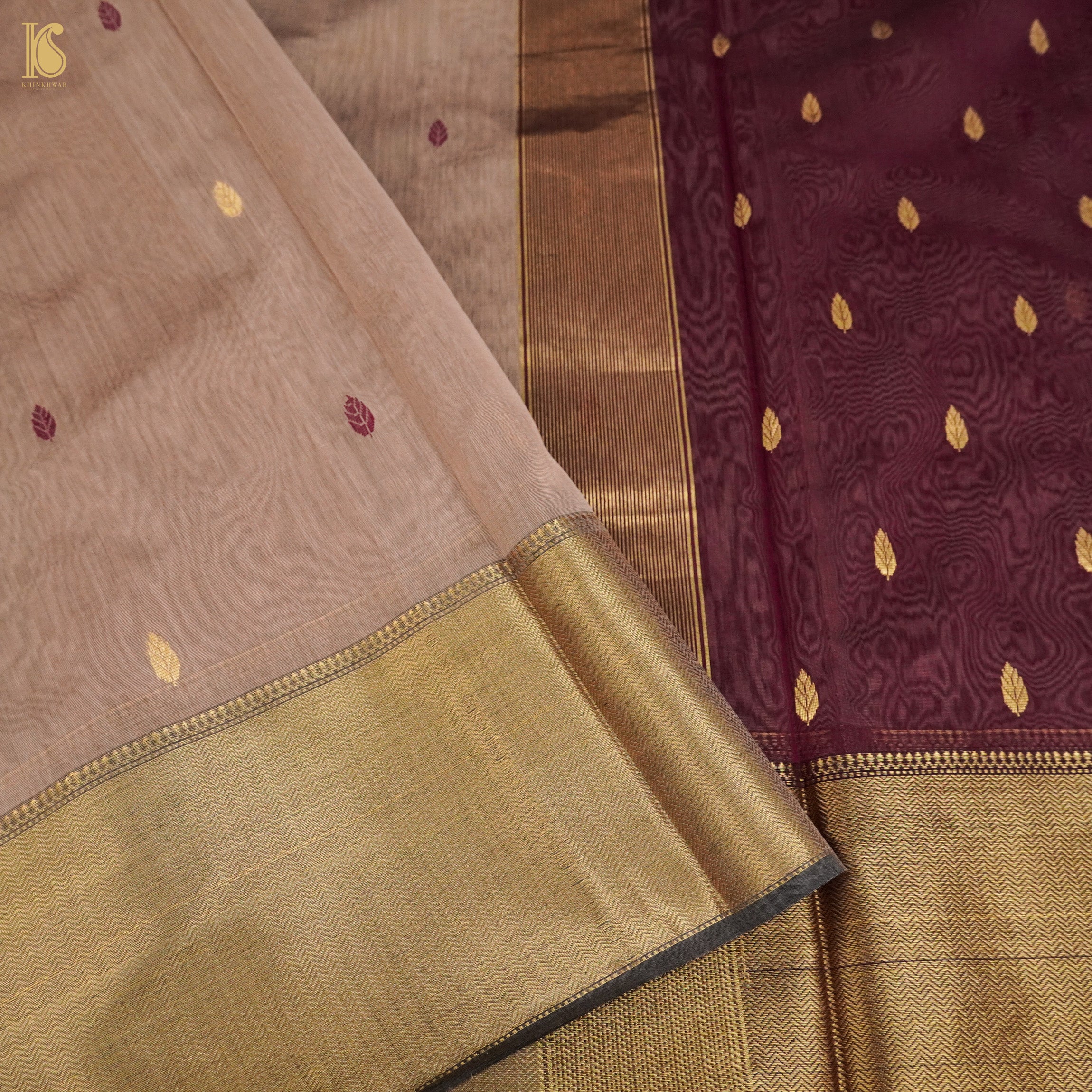 Sandrift Brown Handwoven Pure Cotton Silk Maheshwari Saree - Khinkhwab