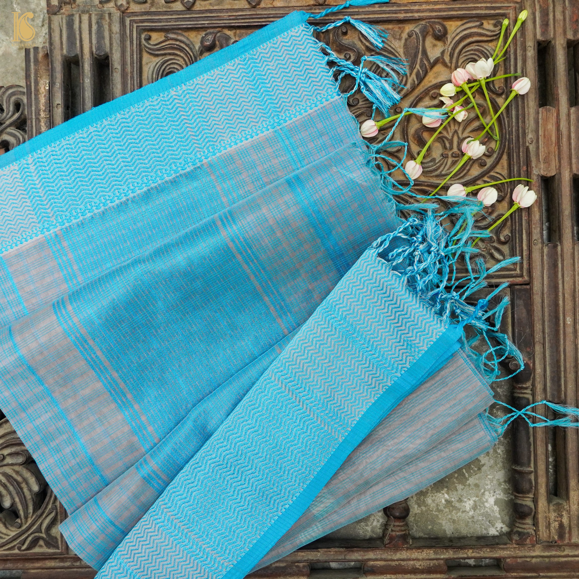 Echo Blue Handwoven Pure Cotton Silk Maheshwari Saree - Khinkhwab