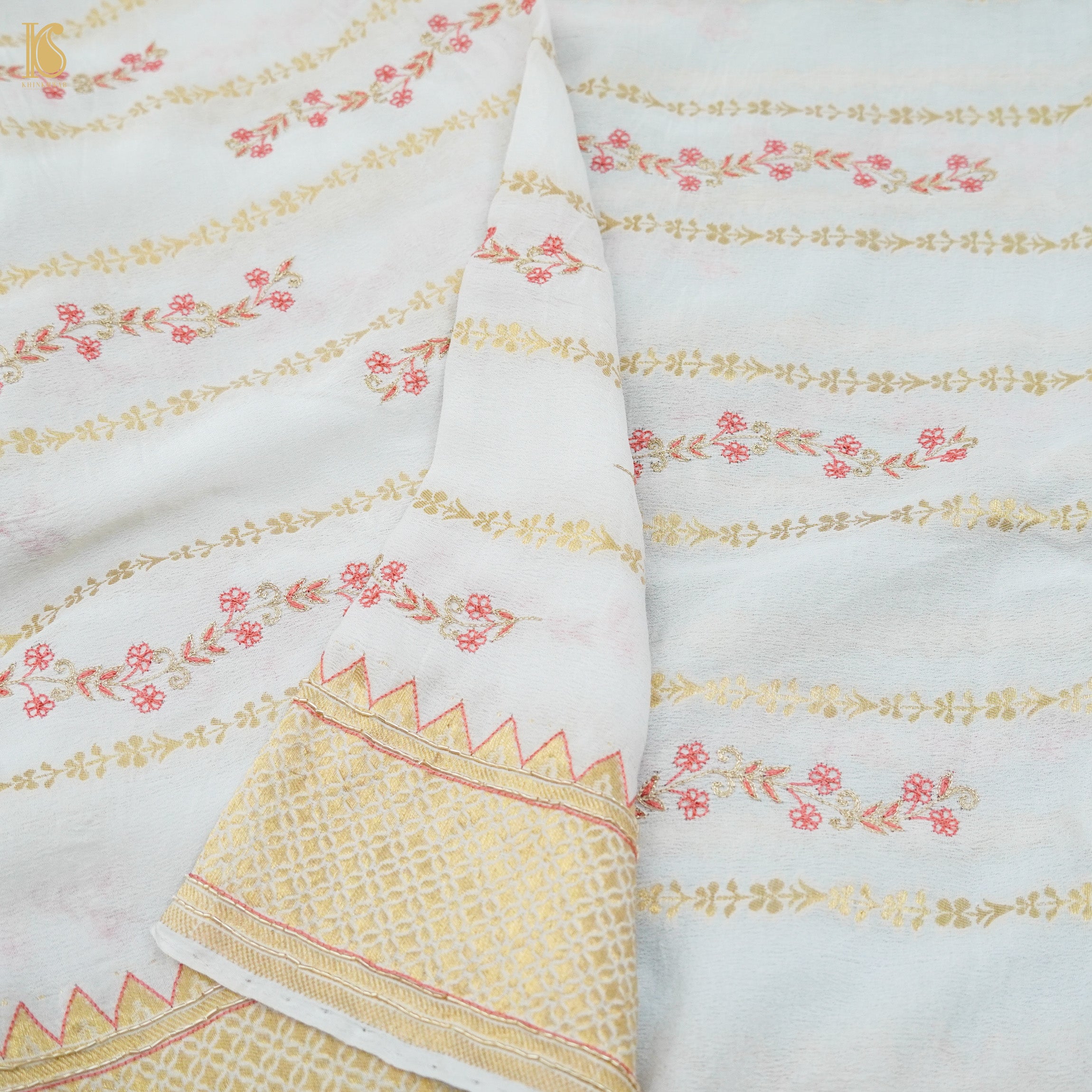White Banarasi Georgette Dupatta with Resham Embroidery - Khinkhwab
