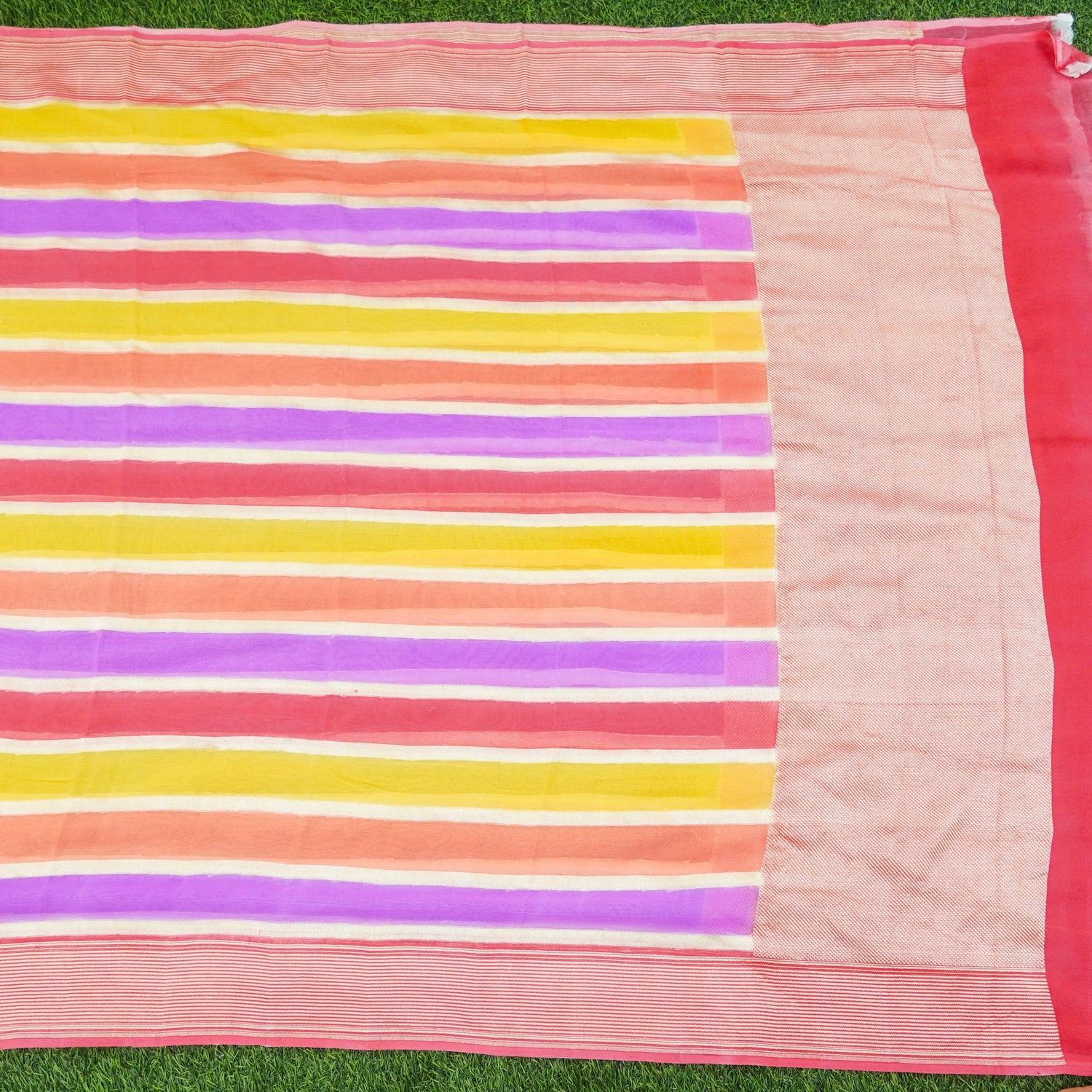 Brick Red Pure Georgette Handloom Banarasi Stripes Dupatta - Khinkhwab