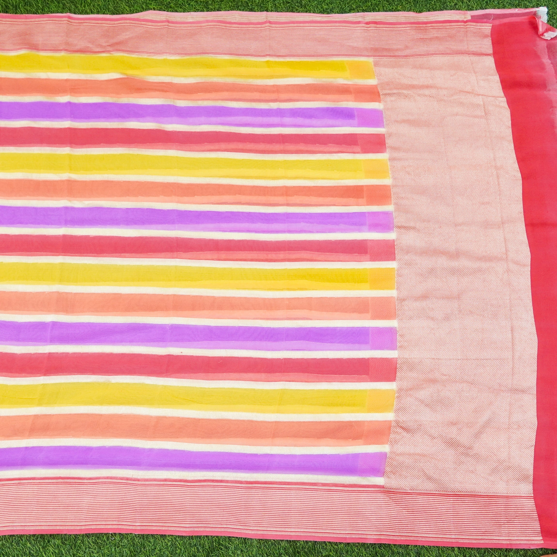 Brick Red Pure Georgette Handloom Banarasi Stripes Dupatta - Khinkhwab