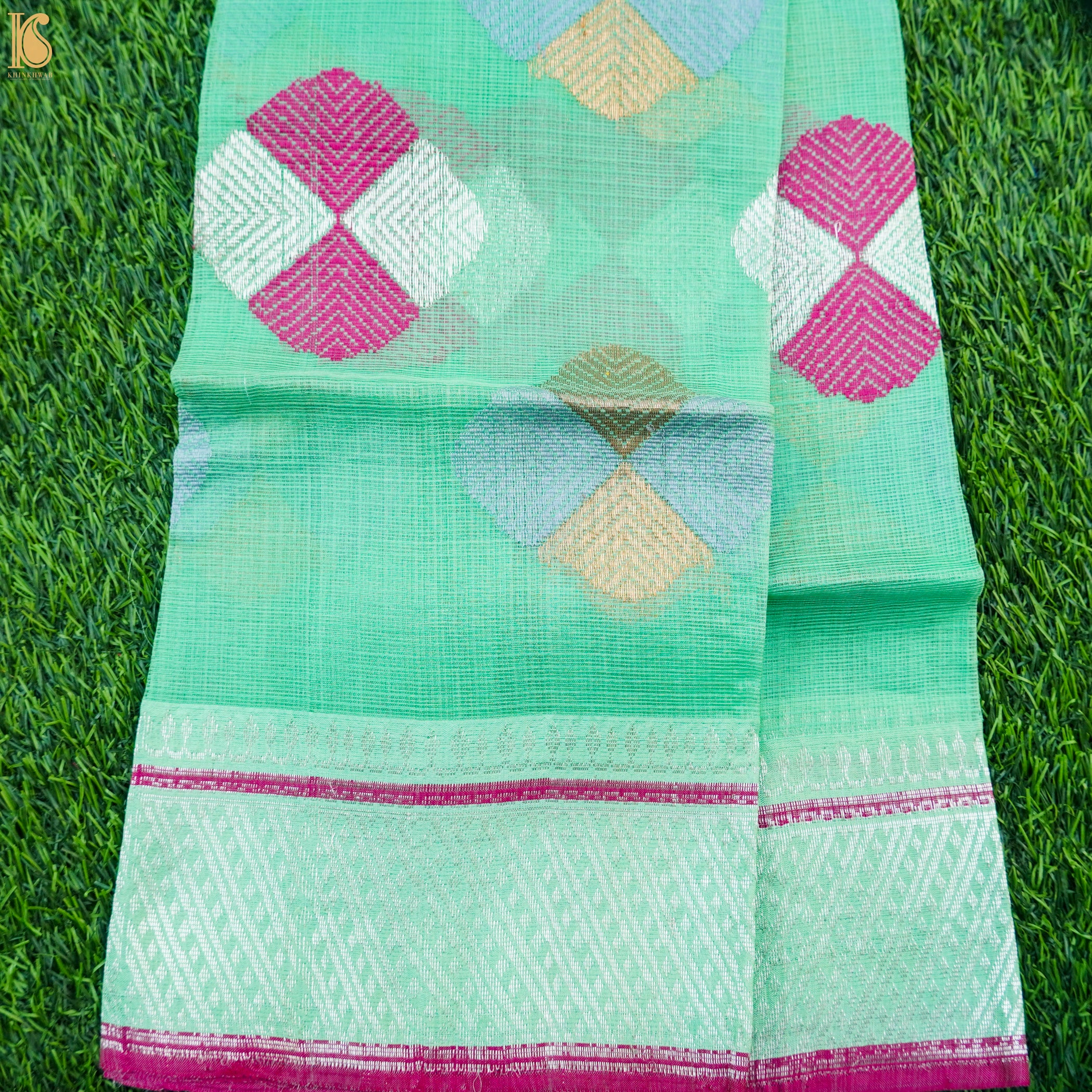 Handwoven Green Real Zari Kota Blouse Fabric - Khinkhwab