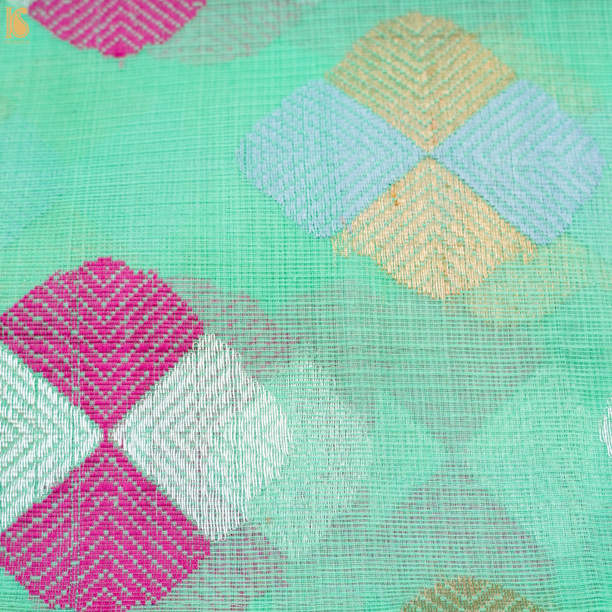 Handwoven Green Real Zari Kota Blouse Fabric - Khinkhwab