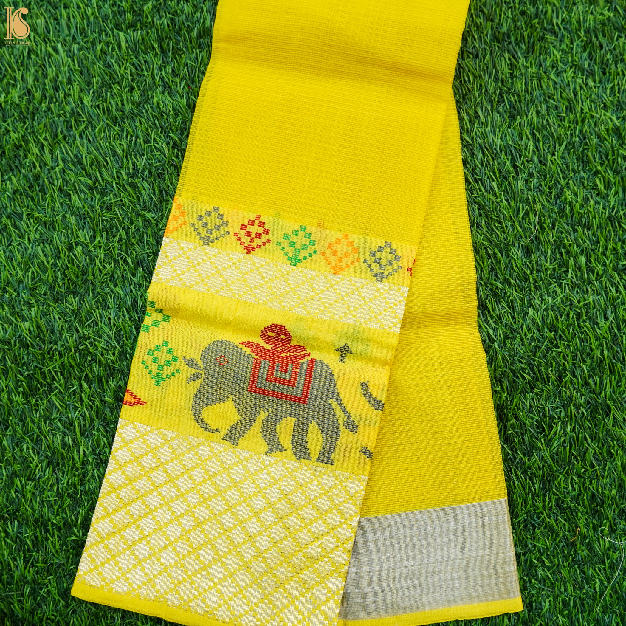 Handwoven Real Zari Kota Wide Border Blouse Elepehant Fabric - Khinkhwab