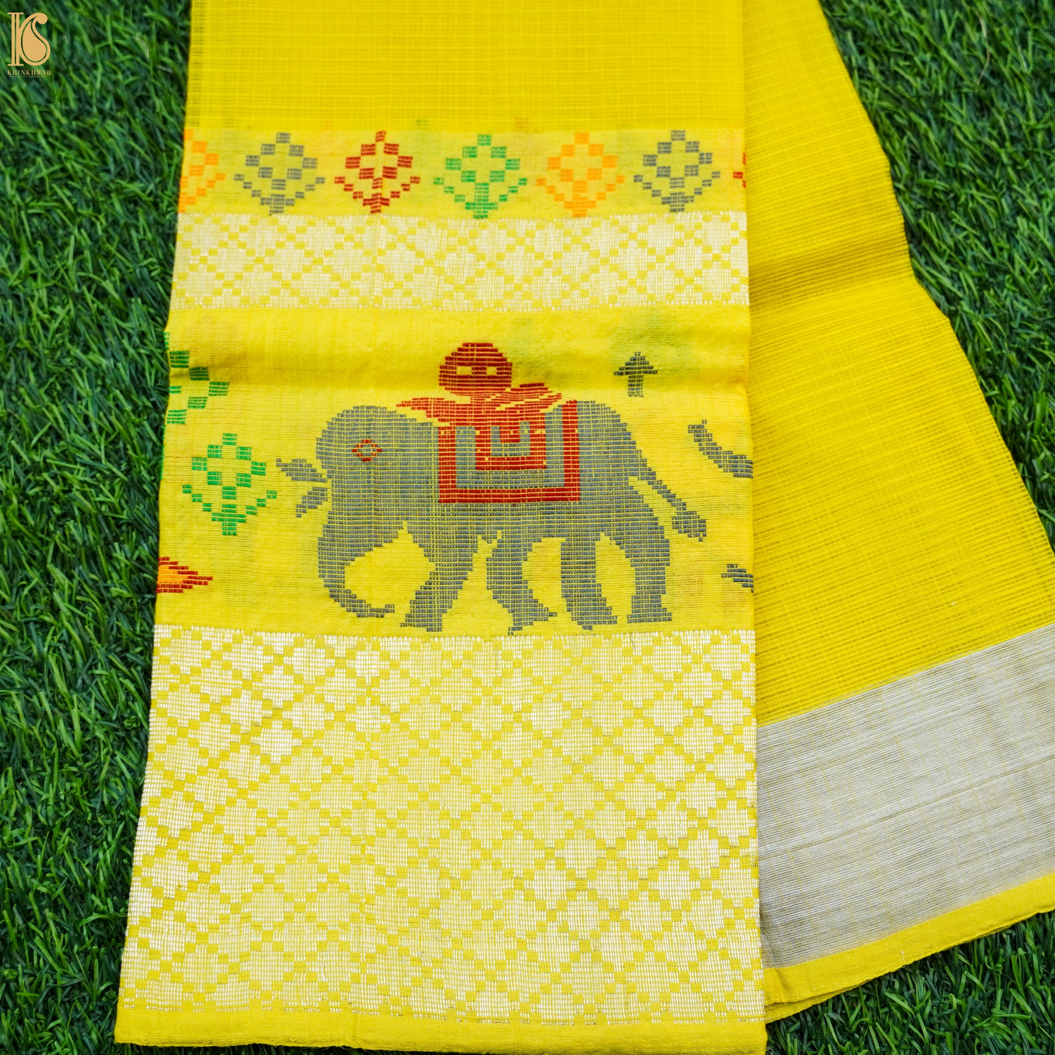 Handwoven Real Zari Kota Wide Border Blouse Elepehant Fabric - Khinkhwab