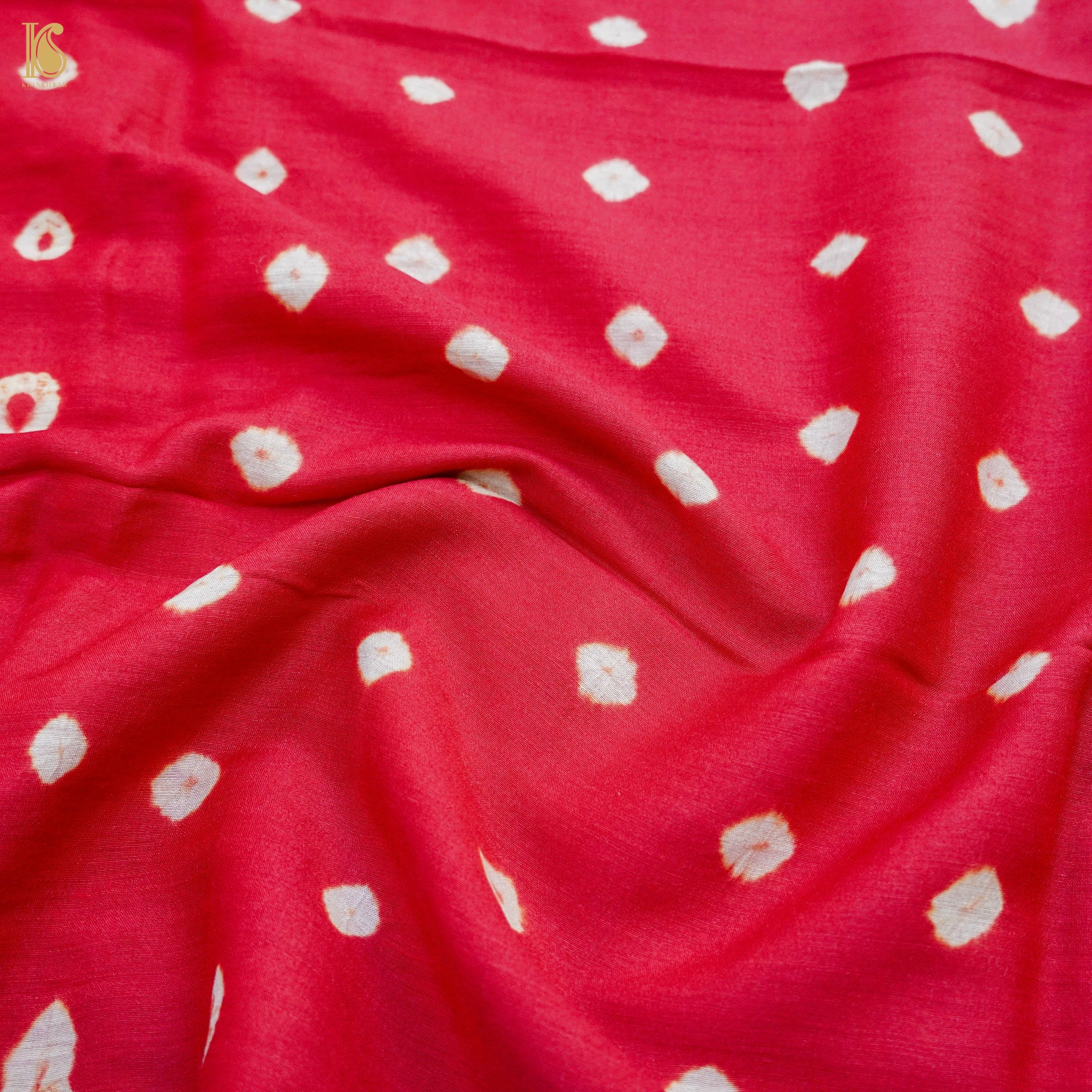Crimson Red Pure Moonga Silk Handloom Bandhani Banarasi Fabric - Khinkhwab