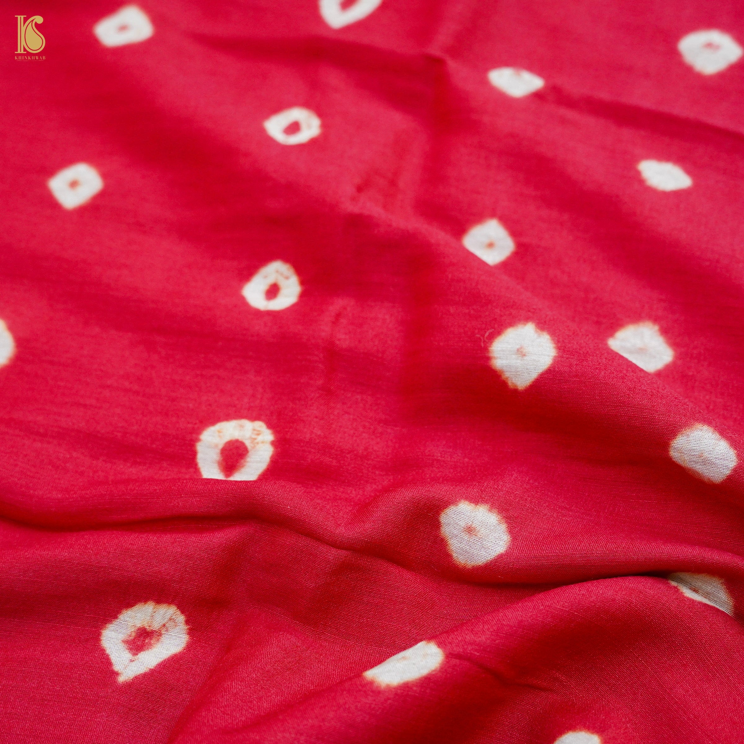 Crimson Red Pure Moonga Silk Handloom Bandhani Banarasi Fabric - Khinkhwab