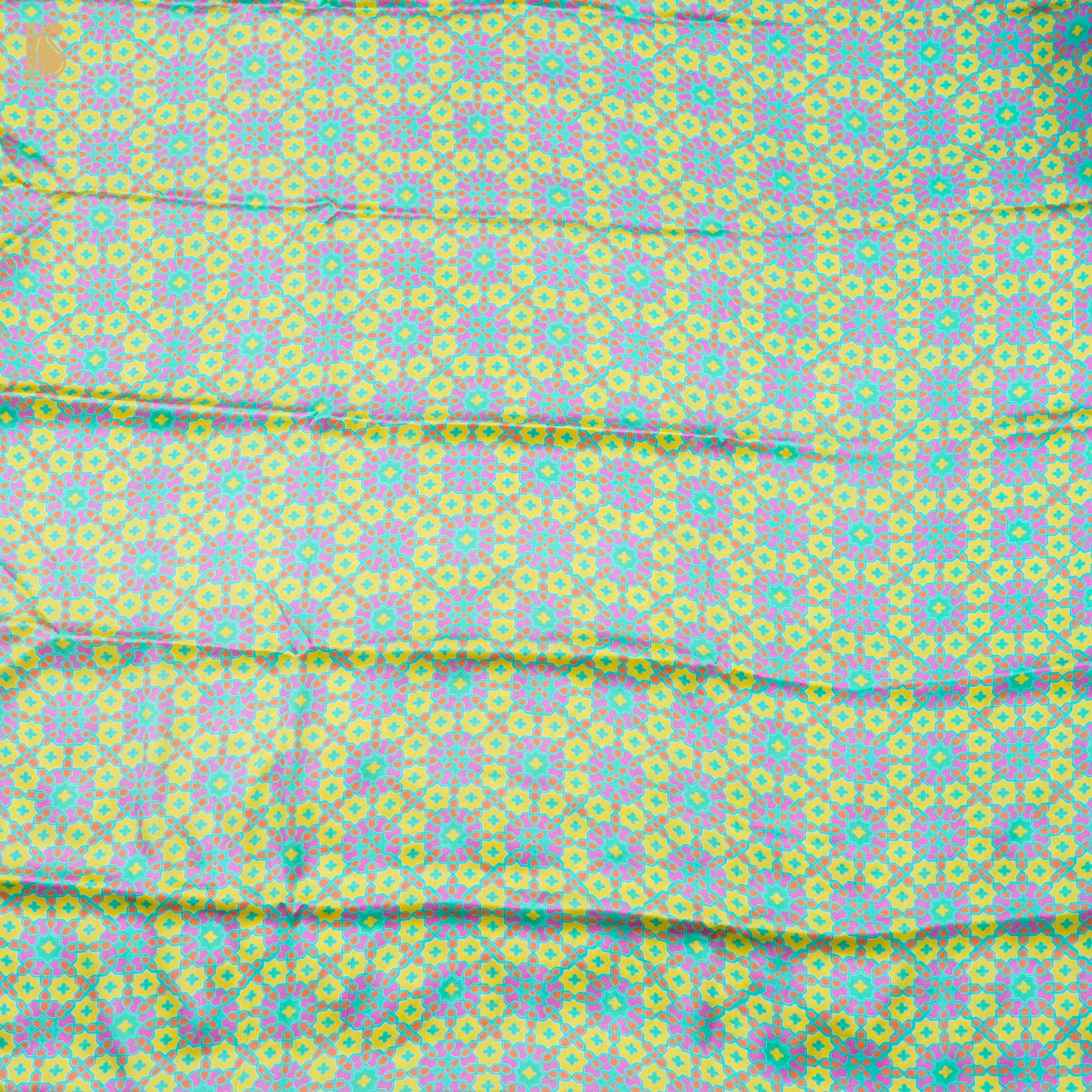 NİLÜFER - Blue & Yellow Pure Sateen Silk Print Fabric - Khinkhwab